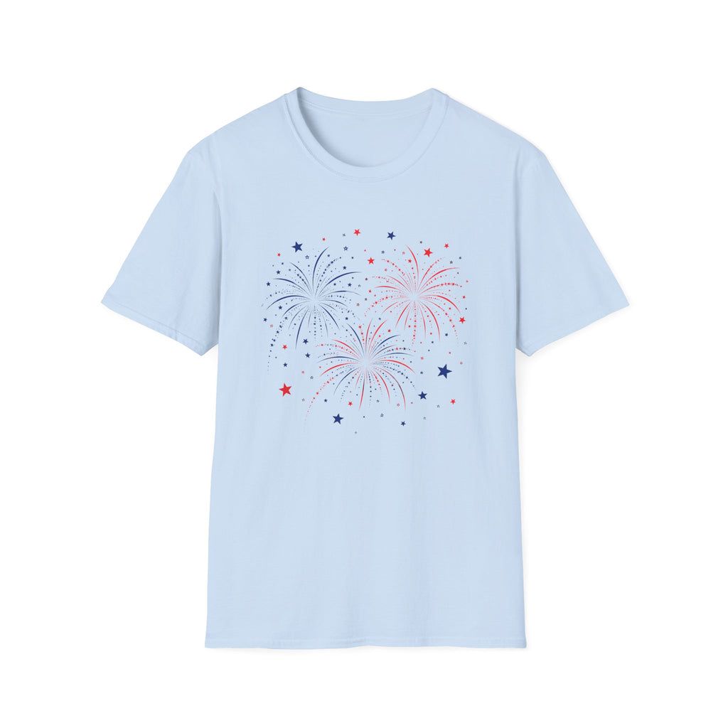 Minimalist Patriotic Fireworks T-Shirt | Fourth Of July American Flag Colors Graphic Tee, Red White Blue Stars Top