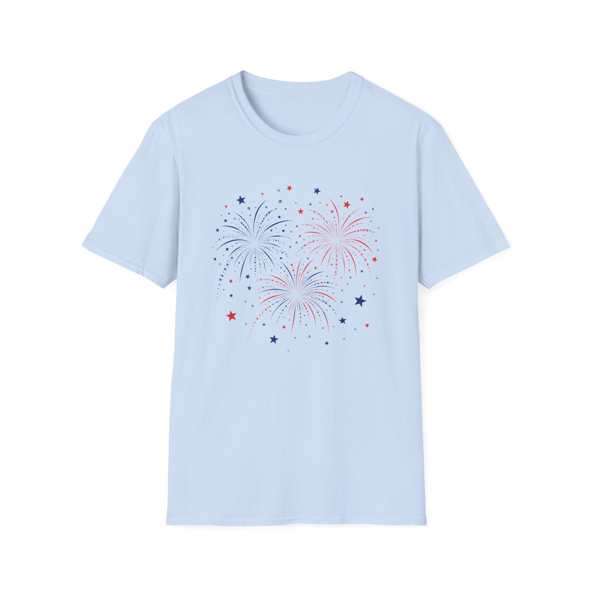 Minimalist Patriotic Fireworks T-Shirt | Fourth Of July American Flag Colors Graphic Tee, Red White Blue Stars Top