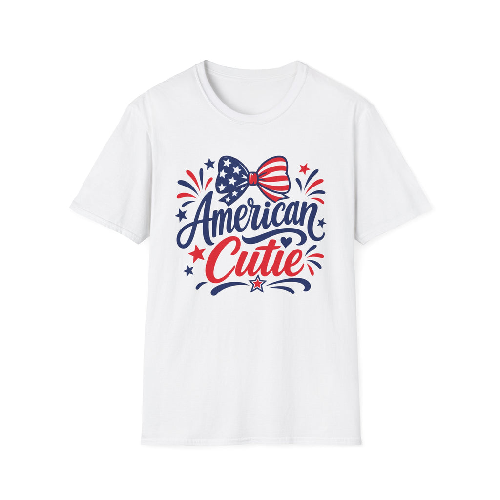 American Cutie Patriotic Bow Tee, Red White Blue Fireworks Shirt, Cute USA Fourth of July Outfit, Festive American Graphic Top T-Shirt