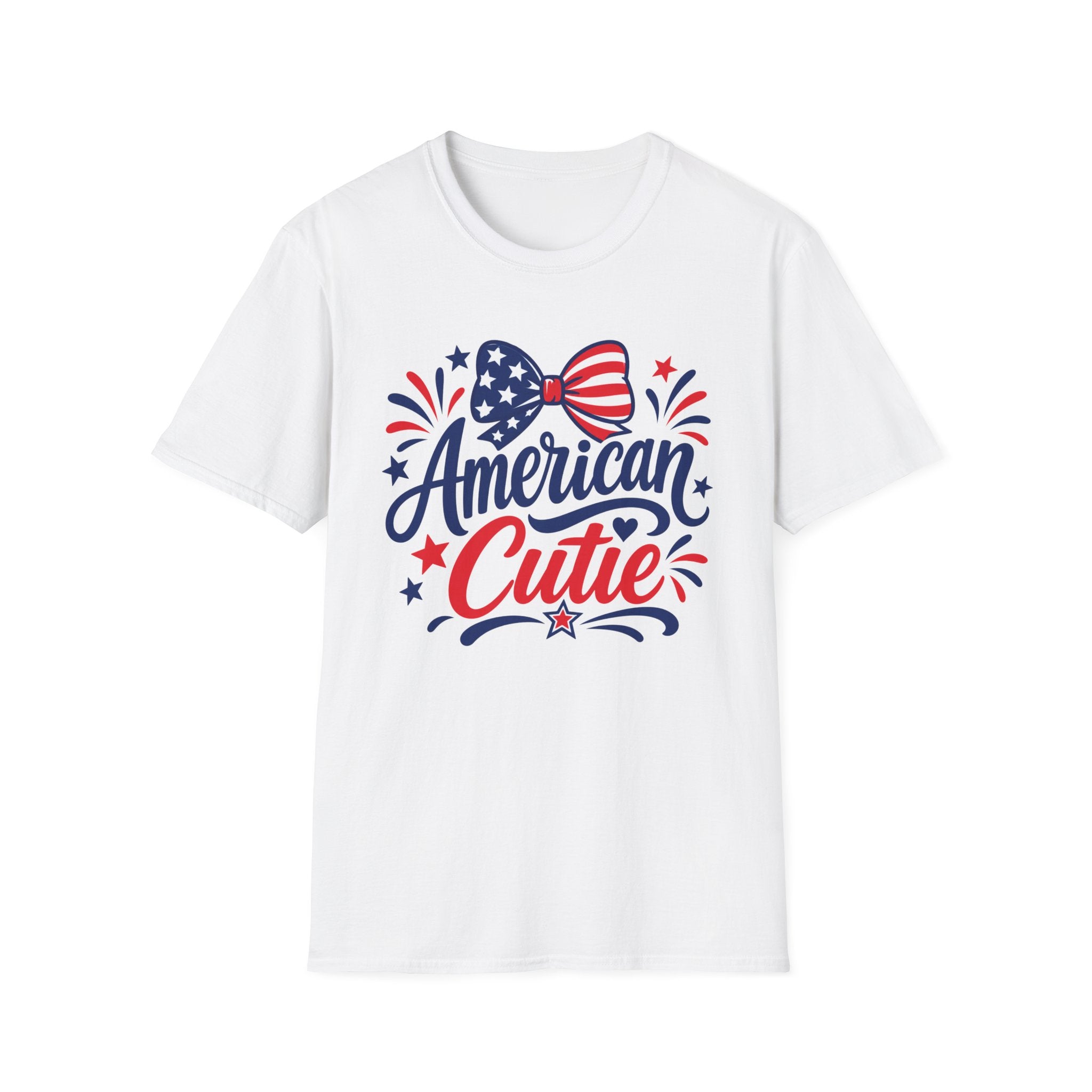 American Cutie Patriotic Bow Tee, Red White Blue Fireworks Shirt, Cute USA Fourth of July Outfit, Festive American Graphic Top T-Shirt