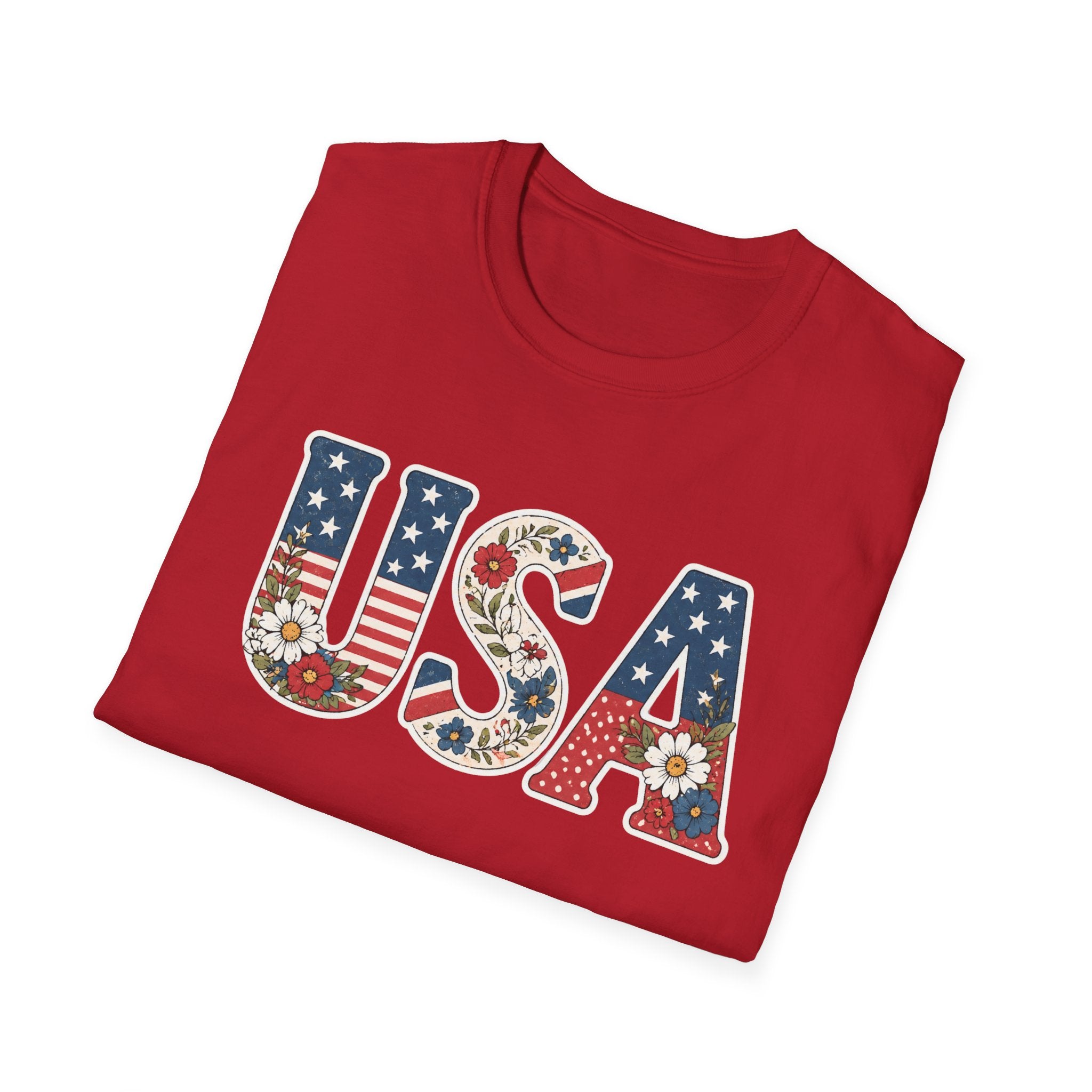 USA Patriotic Floral T-Shirt | American Flag Block Lettering Graphic Tee, Fourth Of July Vintage Cottagecore Top
