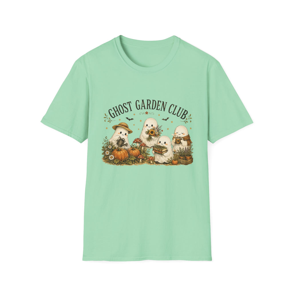 Ghost Garden Club T-Shirt — Cute Autumn Halloween Ghosts with Pumpkins & Flowers