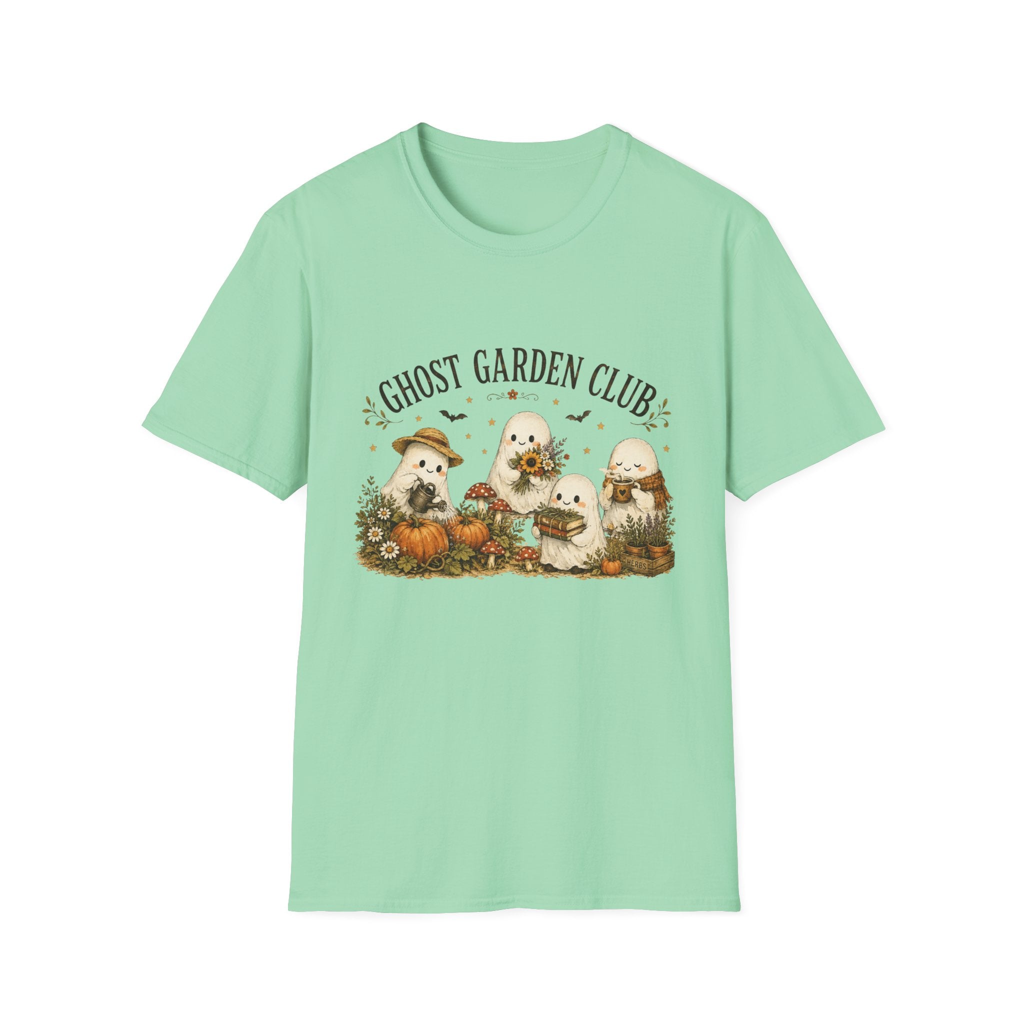 Ghost Garden Club T-Shirt — Cute Autumn Halloween Ghosts with Pumpkins & Flowers