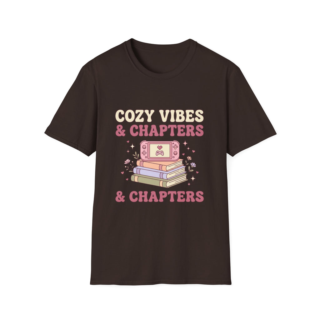 Cozy Vibes & Chapters T-Shirt — Cute Gamer + Booklover Graphic Tee