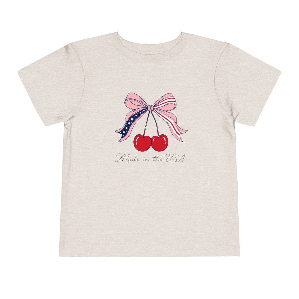 Made in the USA Cherry Tee, Patriotic Red White Blue Shirt, Cute Bow Fruit Graphic Top, Fourth of July Summer Outfit Toddler Short Sleeve Tee