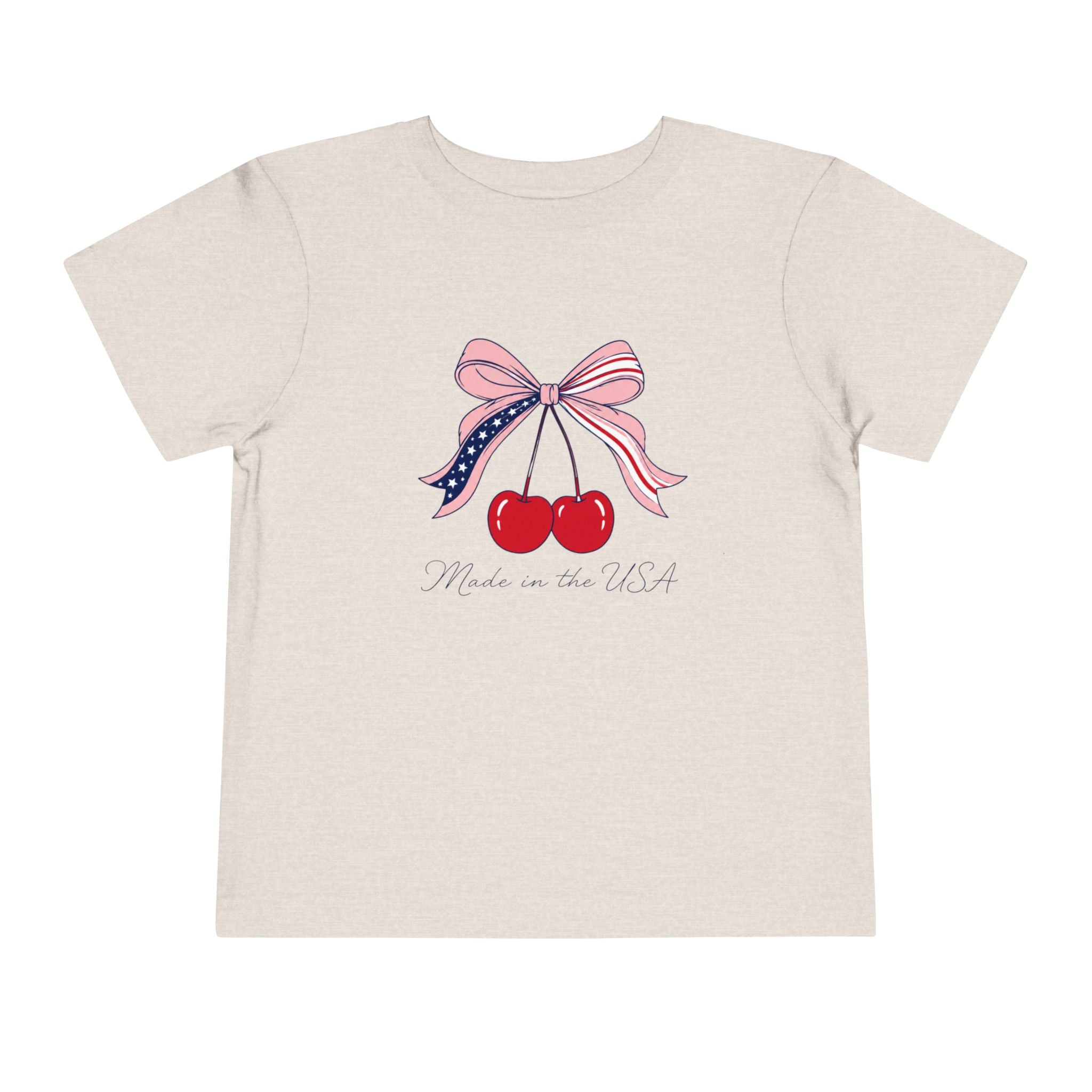 Made in the USA Cherry Tee, Patriotic Red White Blue Shirt, Cute Bow Fruit Graphic Top, Fourth of July Summer Outfit Toddler Short Sleeve Tee