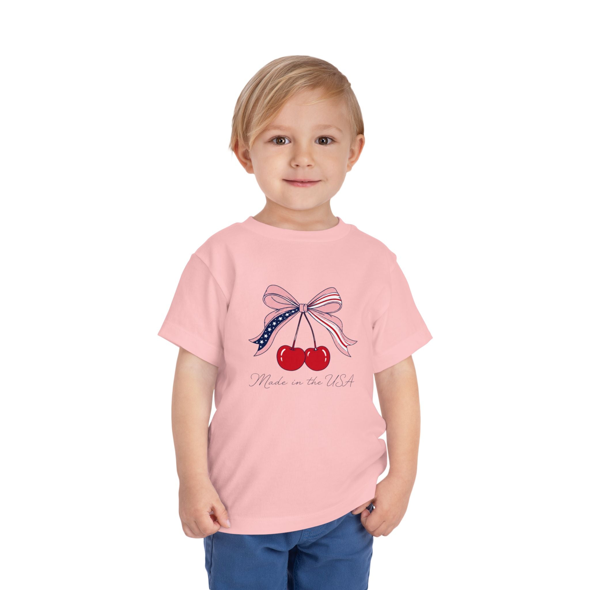 Made in the USA Cherry Tee, Patriotic Red White Blue Shirt, Cute Bow Fruit Graphic Top, Fourth of July Summer Outfit Toddler Short Sleeve Tee