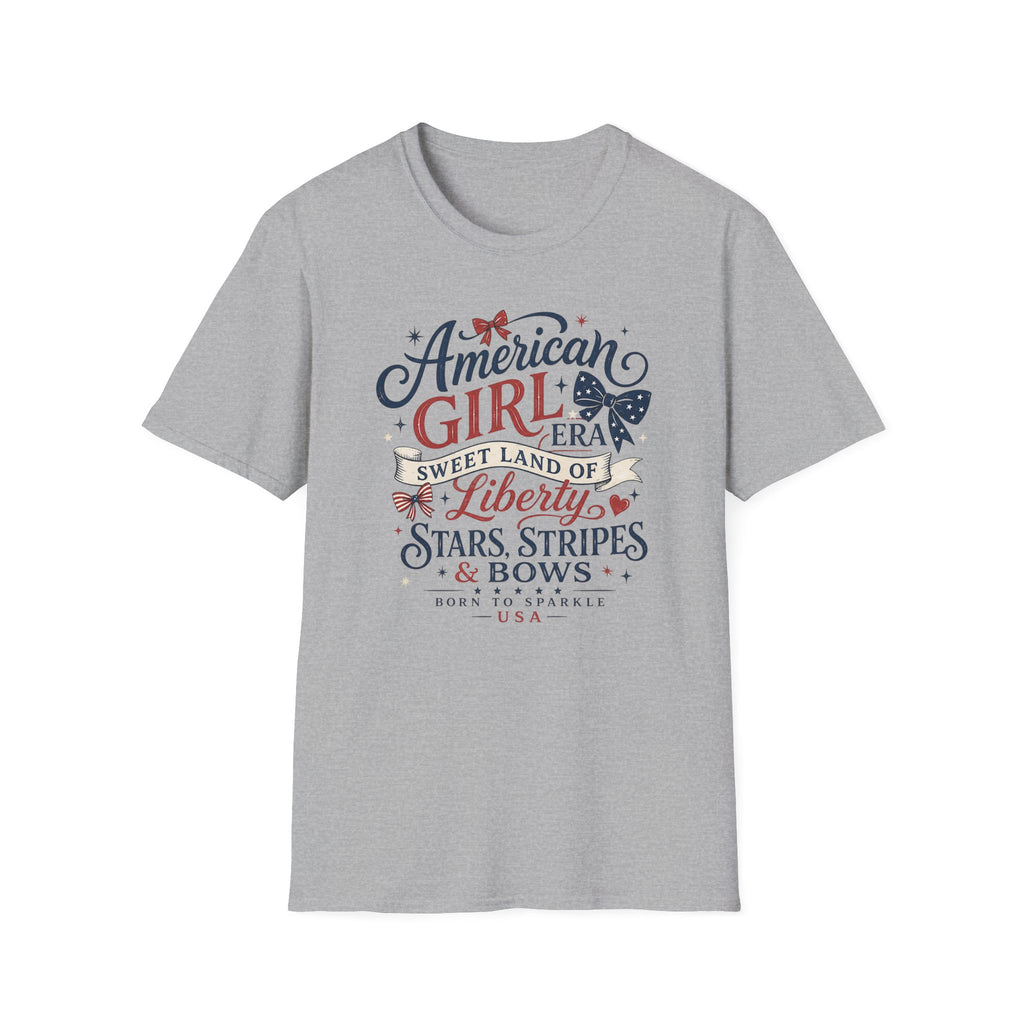 American Girl Era Tee, Sweet Land of Liberty Shirt, Stars Stripes Bows Graphic Top, USA Born Raised Patriotic Outfit T-Shirt