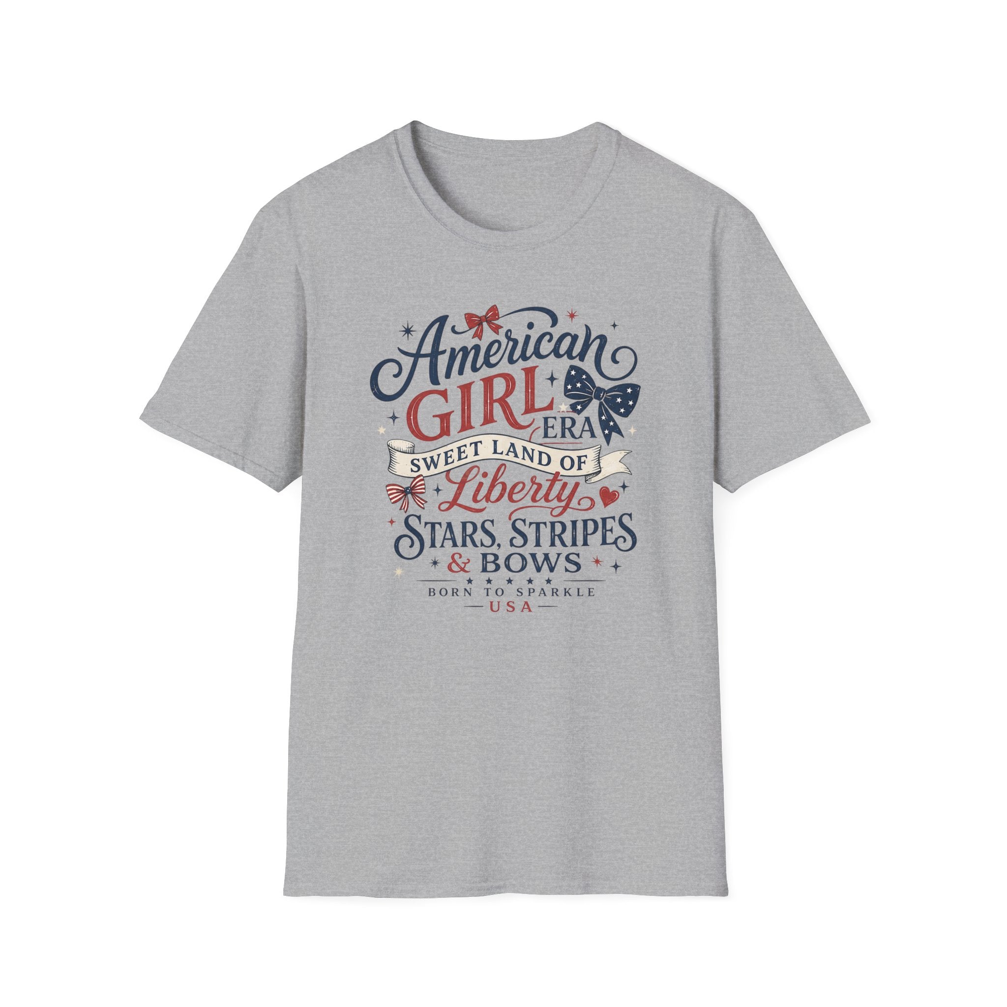 American Girl Era Tee, Sweet Land of Liberty Shirt, Stars Stripes Bows Graphic Top, USA Born Raised Patriotic Outfit T-Shirt