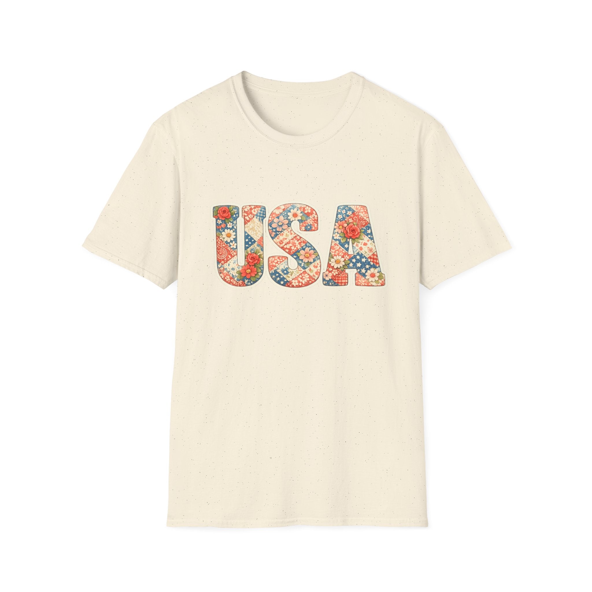 USA Floral Patchwork T-Shirt | Patriotic Block Lettering Graphic Tee, Fourth Of July Vintage Cottagecore Top