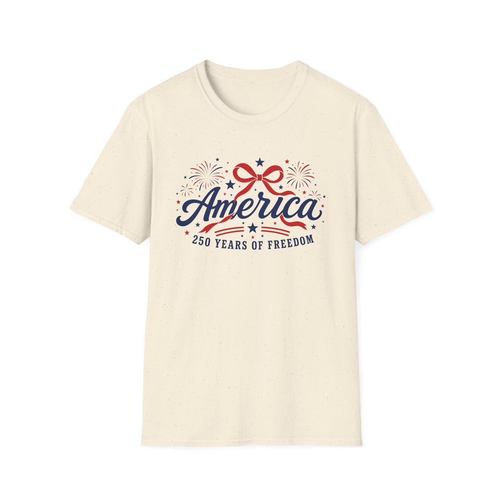 America 250 Years Of Freedom T-Shirt | Semiquincentennial Patriotic Fireworks Tee, Coquette Ribbon Bow Holiday Clothing