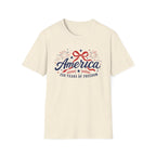 America 250 Years Of Freedom T-Shirt | Semiquincentennial Patriotic Fireworks Tee, Coquette Ribbon Bow Holiday Clothing