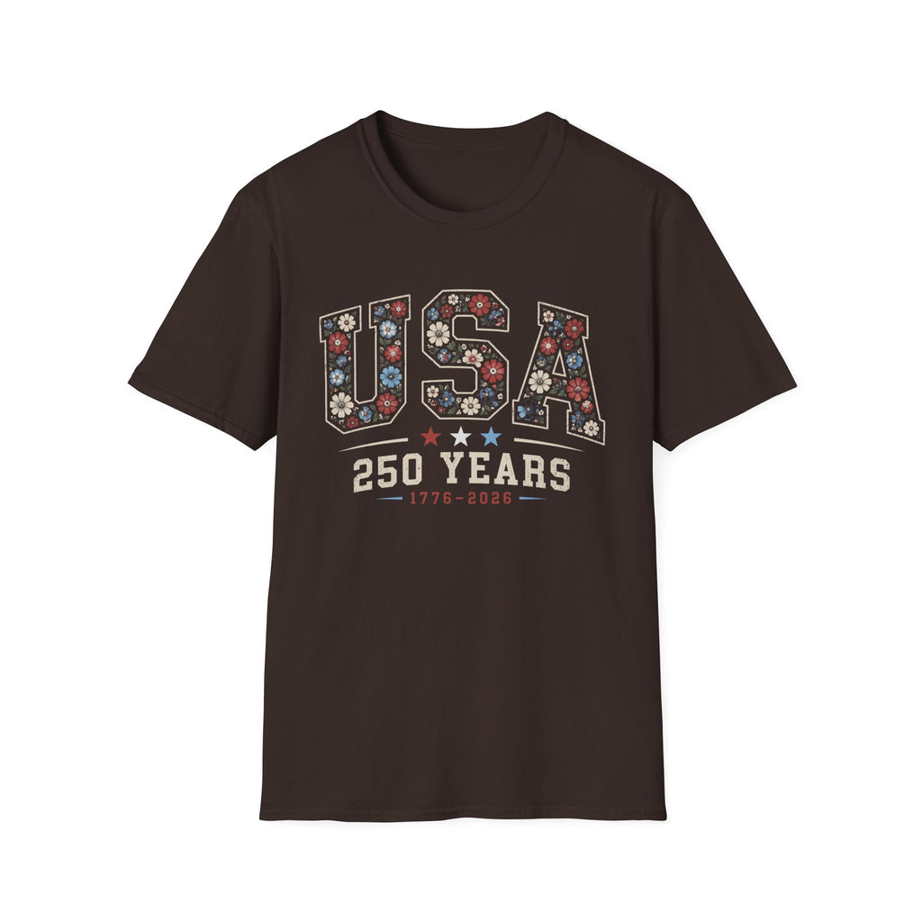 USA 250 Years T-Shirt | Semiquincentennial Patriotic Floral Graphic Tee, 1776 2026 Varsity Block Lettering Top