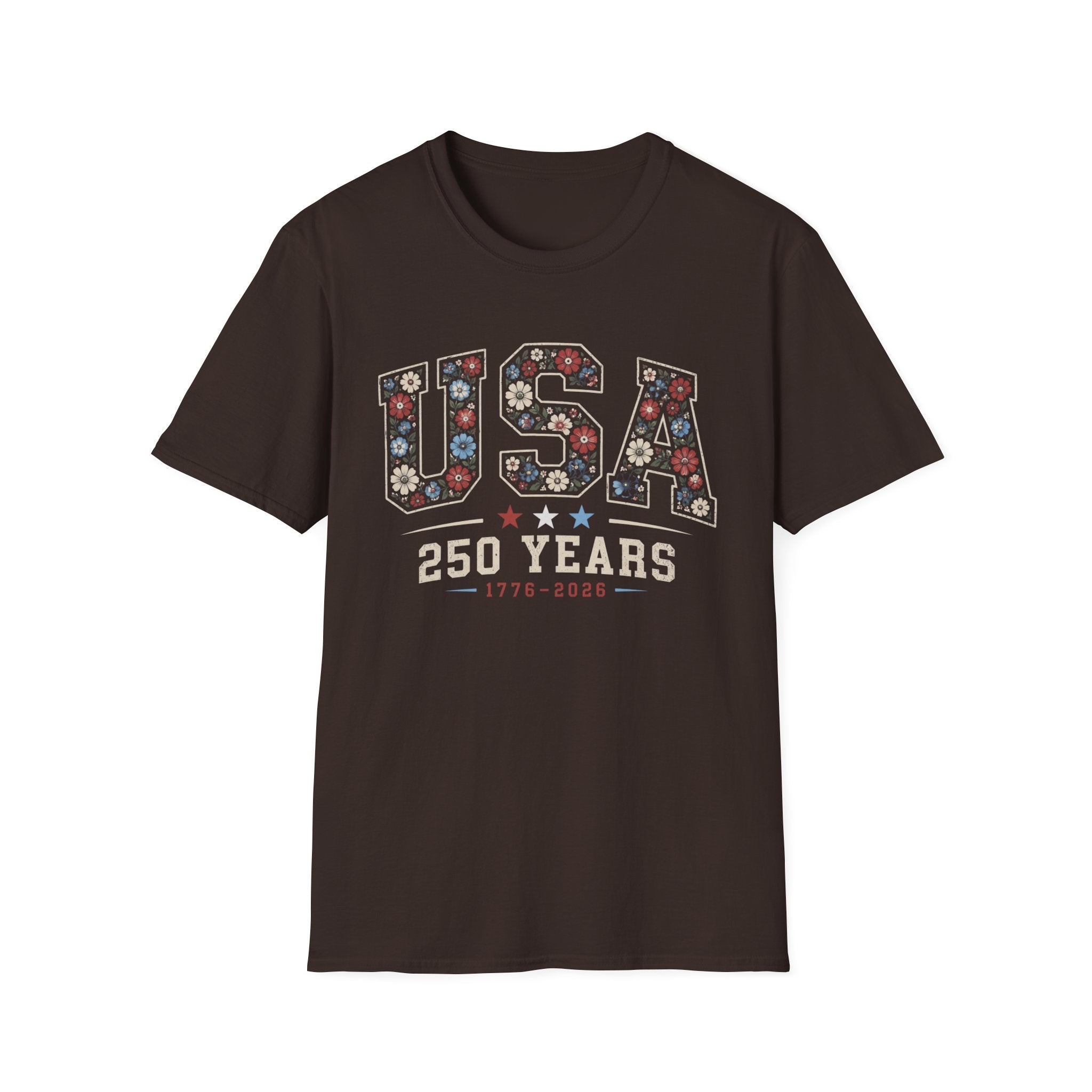 USA 250 Years T-Shirt | Semiquincentennial Patriotic Floral Graphic Tee, 1776 2026 Varsity Block Lettering Top