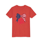 USA Girl Bow Tee, Patriotic Red White Blue Shirt, Cute American Pride Graphic Top, Fourth of July Celebration Outfit Youth Short Sleeve Tee