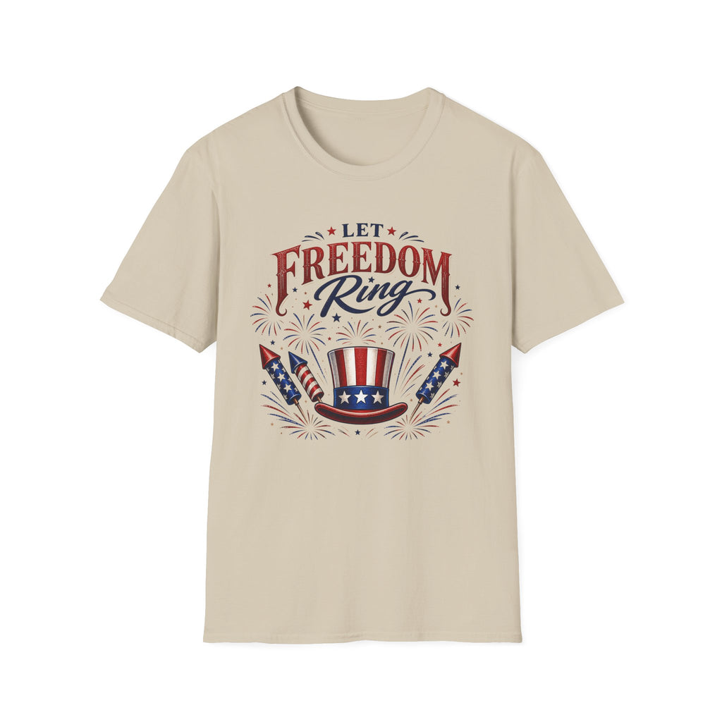 Let Freedom Ring T-Shirt | Patriotic Uncle Sam Hat Graphic Tee, Fourth Of July Charcoal Fireworks Top