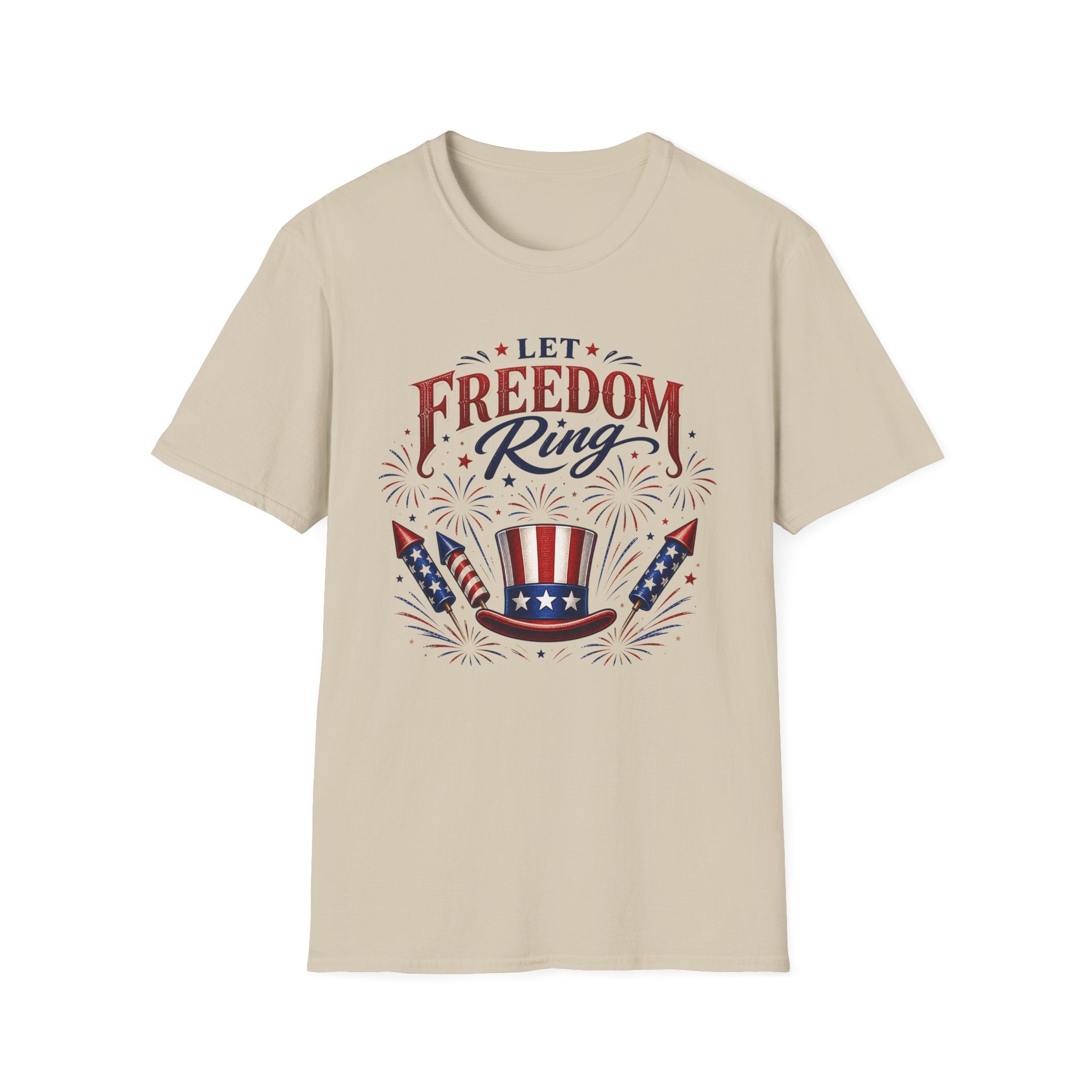 Let Freedom Ring T-Shirt | Patriotic Uncle Sam Hat Graphic Tee, Fourth Of July Charcoal Fireworks Top