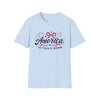 America 250 Years Of Freedom T-Shirt | Semiquincentennial Patriotic Fireworks Tee, Coquette Ribbon Bow Holiday Clothing
