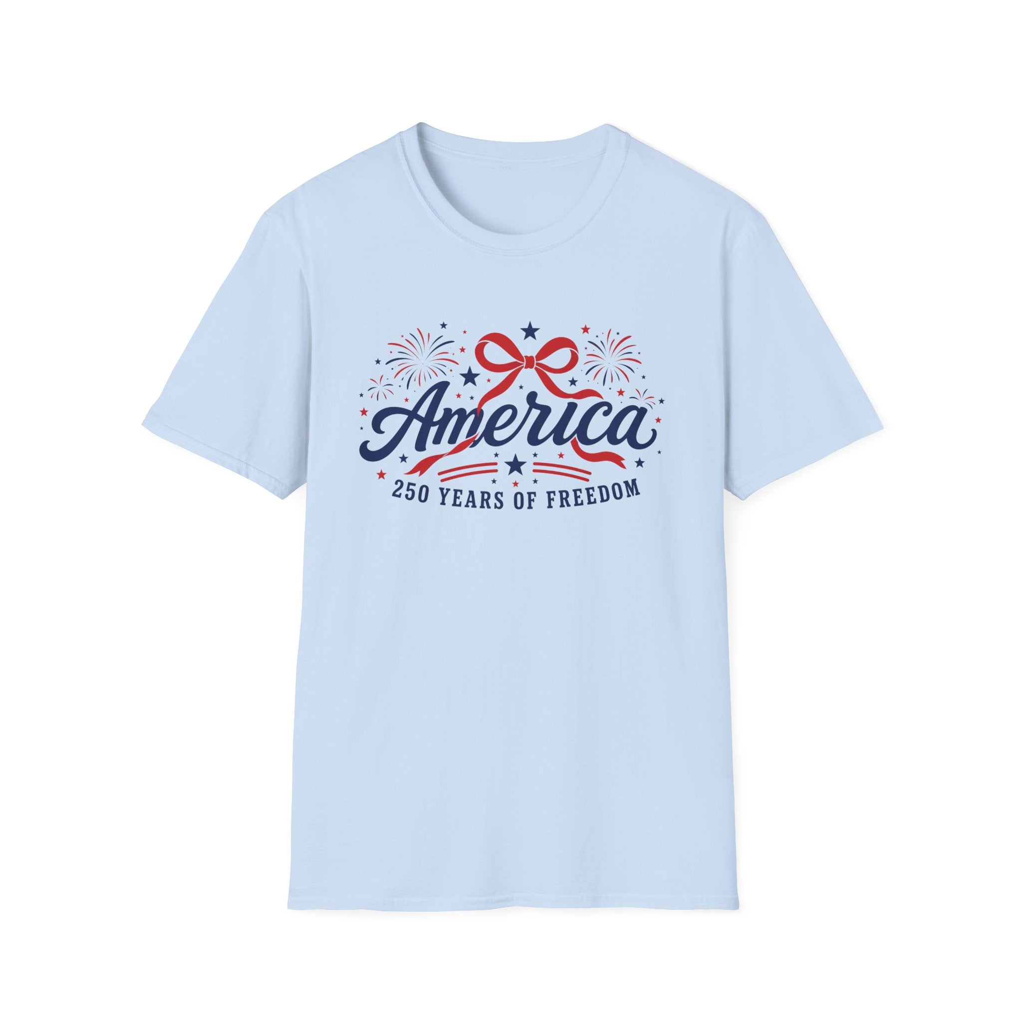 America 250 Years Of Freedom T-Shirt | Semiquincentennial Patriotic Fireworks Tee, Coquette Ribbon Bow Holiday Clothing