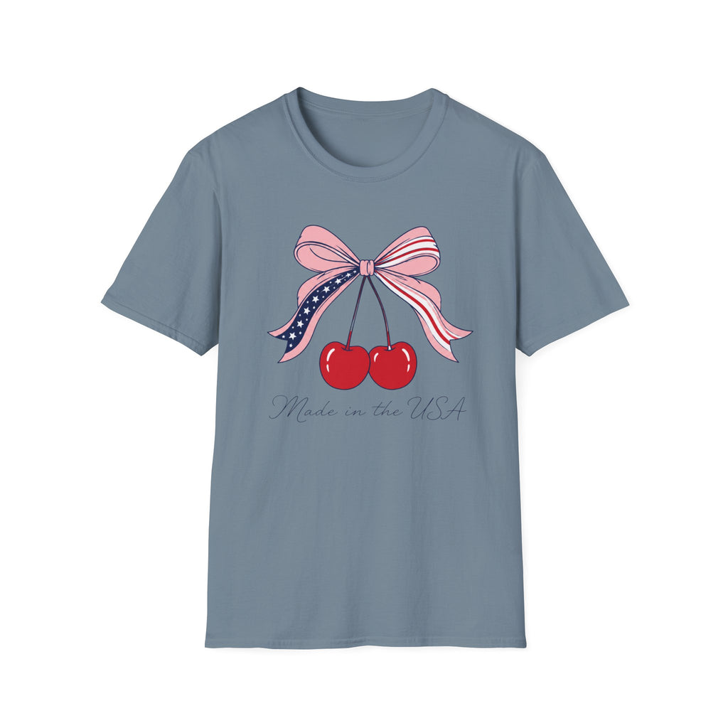 Made in the USA Cherry Tee, Patriotic Red White Blue Shirt, Cute Bow Fruit Graphic Top, Fourth of July Summer Outfit Unisex Softstyle T-Shirt