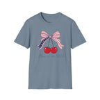 Made in the USA Cherry Tee, Patriotic Red White Blue Shirt, Cute Bow Fruit Graphic Top, Fourth of July Summer Outfit Unisex Softstyle T-Shirt