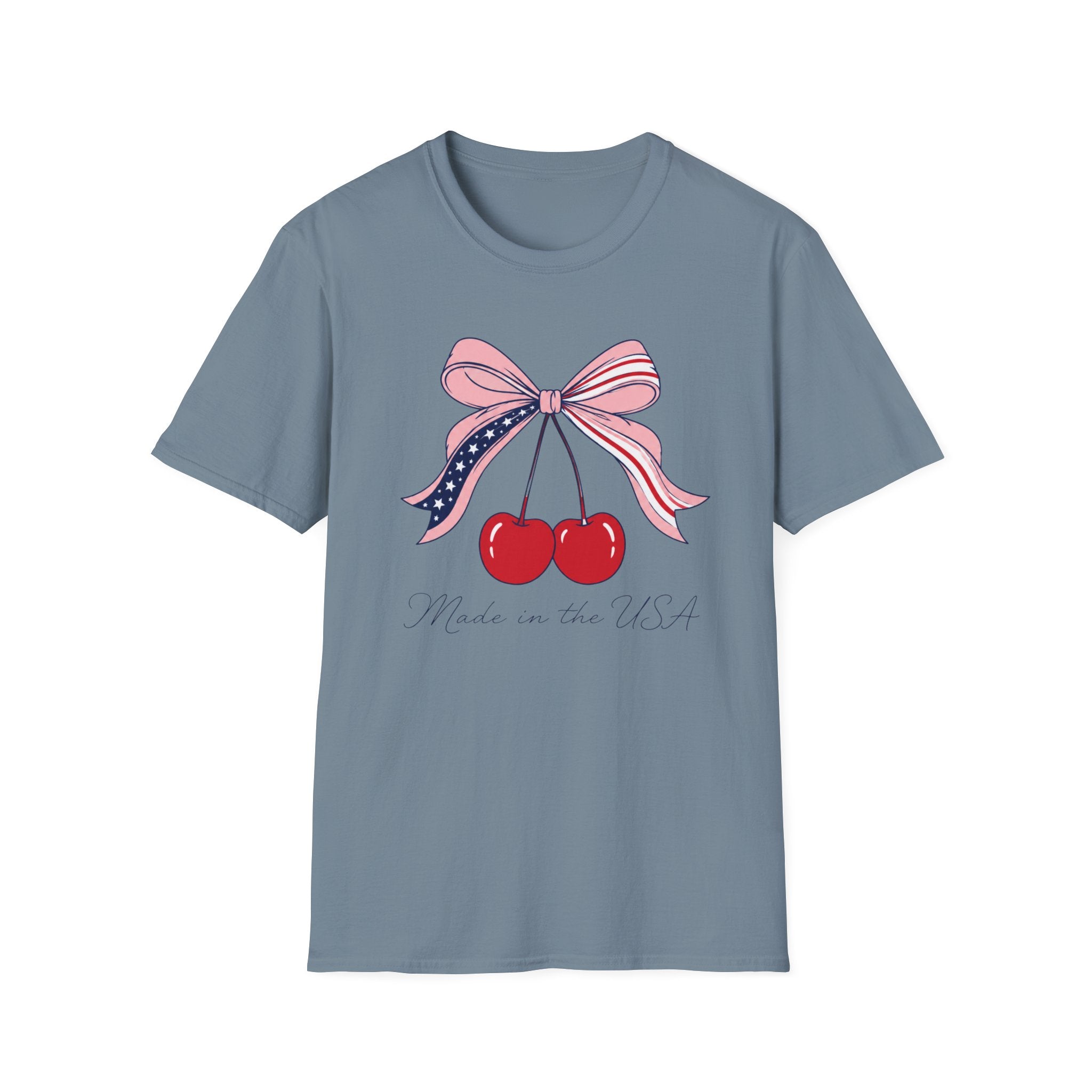 Made in the USA Cherry Tee, Patriotic Red White Blue Shirt, Cute Bow Fruit Graphic Top, Fourth of July Summer Outfit Unisex Softstyle T-Shirt