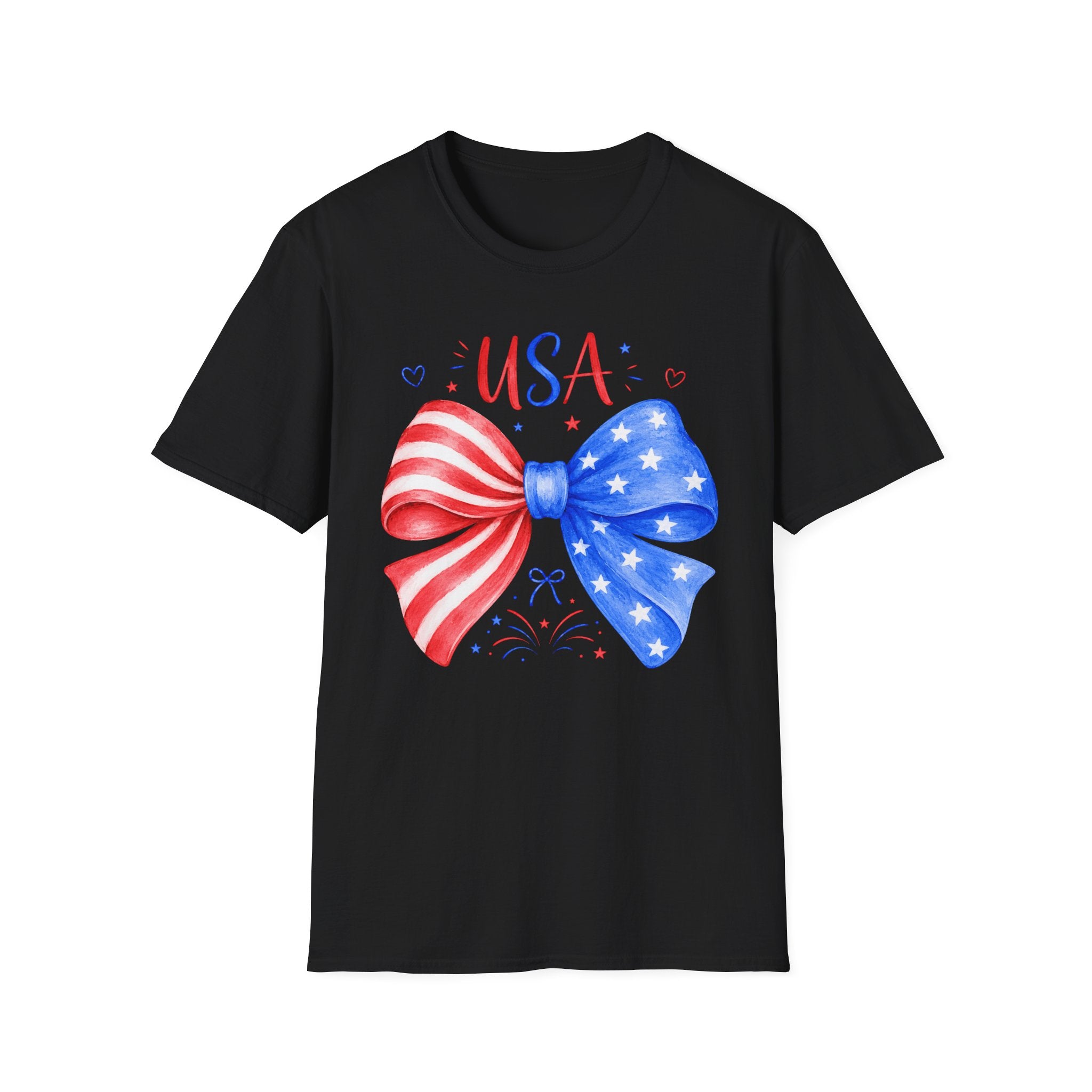 USA Patriotic Bow Tee, Red White Blue Fireworks Shirt, Cute American Pride Graphic Top, Fourth of July Celebration Outfit T-Shirt