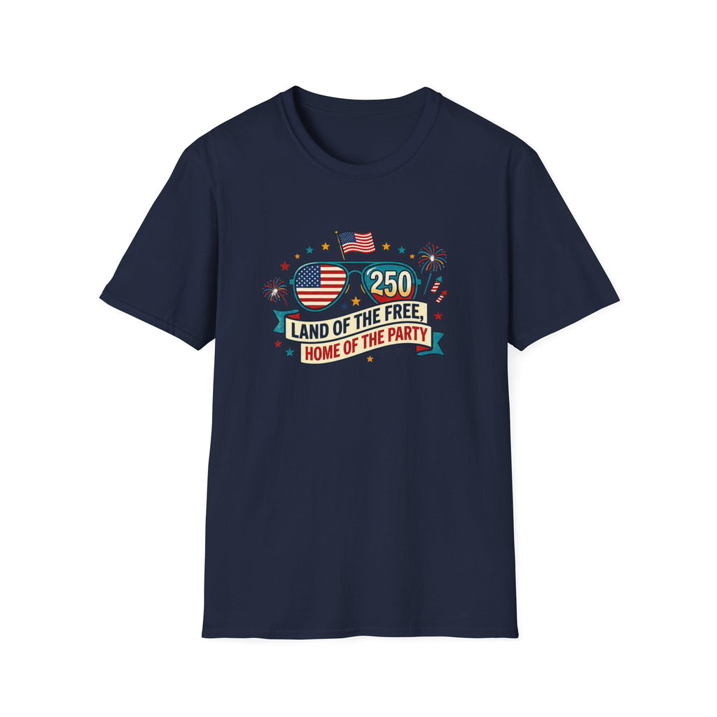 Land of the Free Home of the Party Tee, USA 250 Sunglasses Shirt, Red White Blue Celebration Graphic Top, Patriotic Fourth of July Outfit T-Shirt