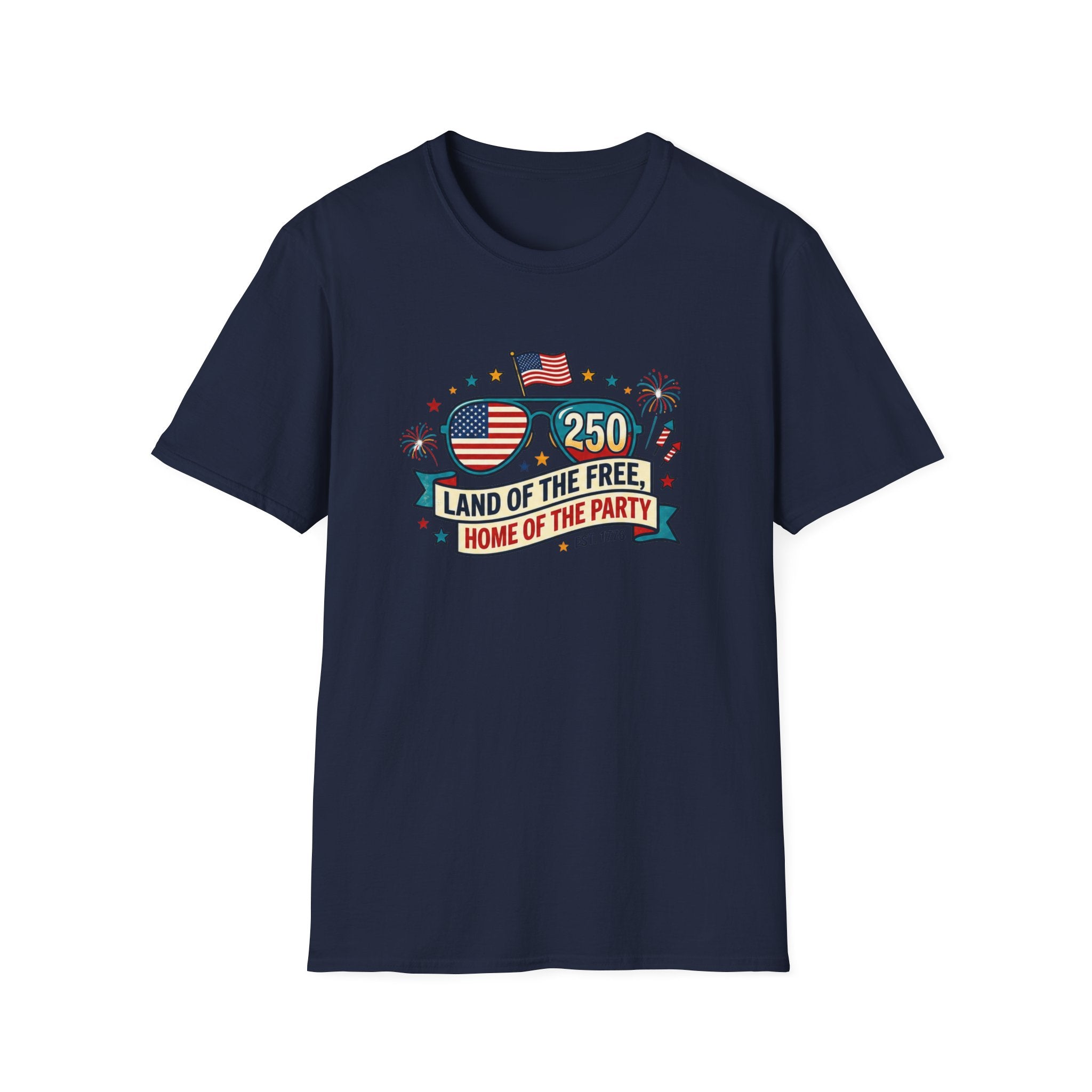 Land of the Free Home of the Party Tee, USA 250 Sunglasses Shirt, Red White Blue Celebration Graphic Top, Patriotic Fourth of July Outfit T-Shirt