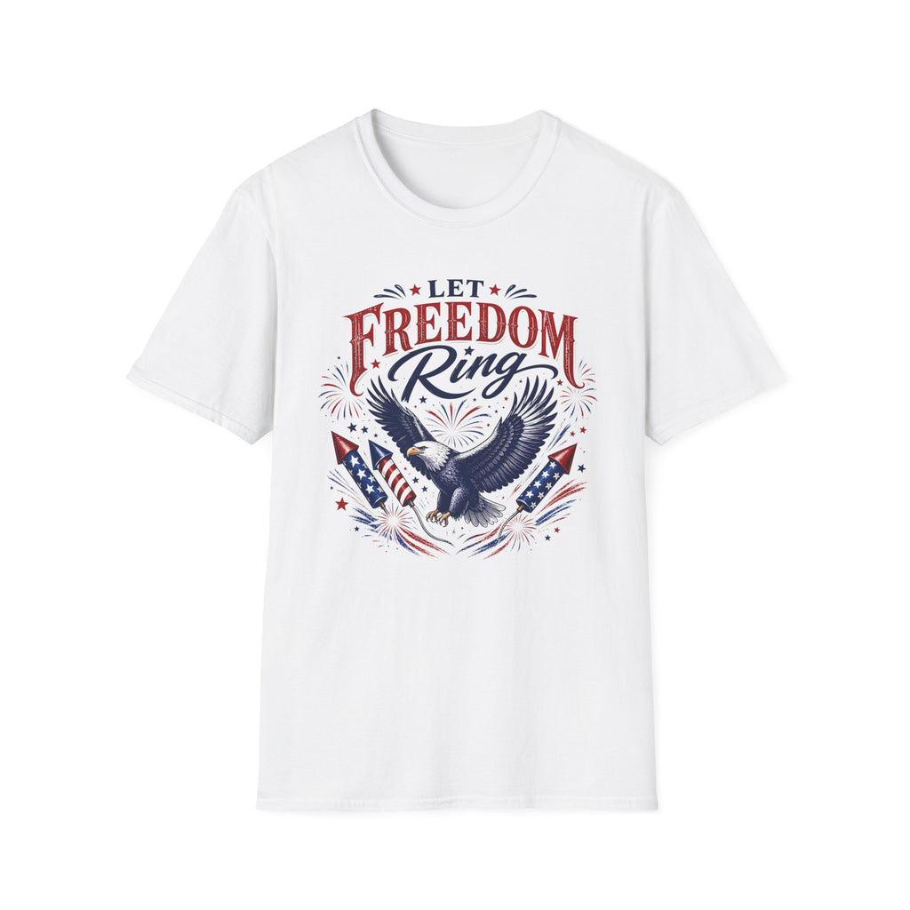 Let Freedom Ring T-Shirt | Patriotic American Bald Eagle Graphic Tee, Fourth Of July Retro Fireworks Top