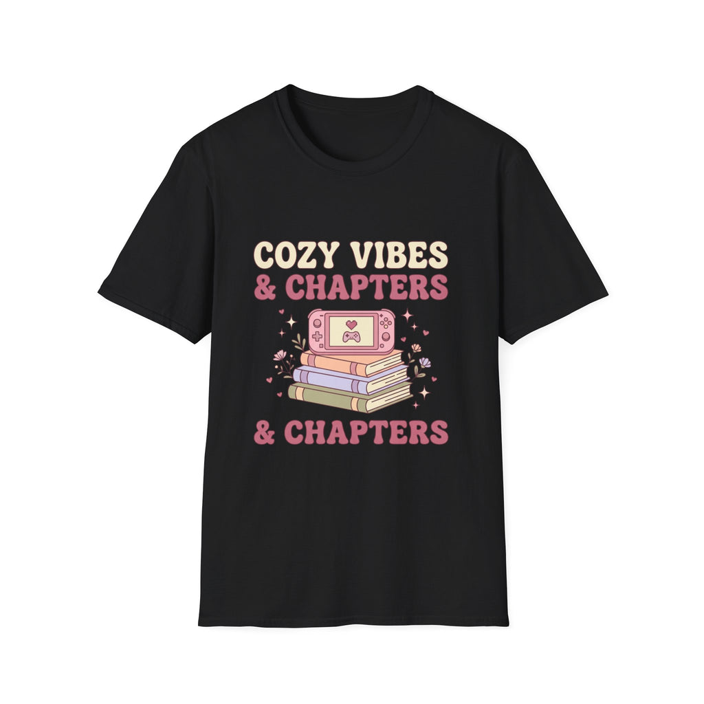 Cozy Vibes & Chapters T-Shirt — Cute Gamer + Booklover Graphic Tee