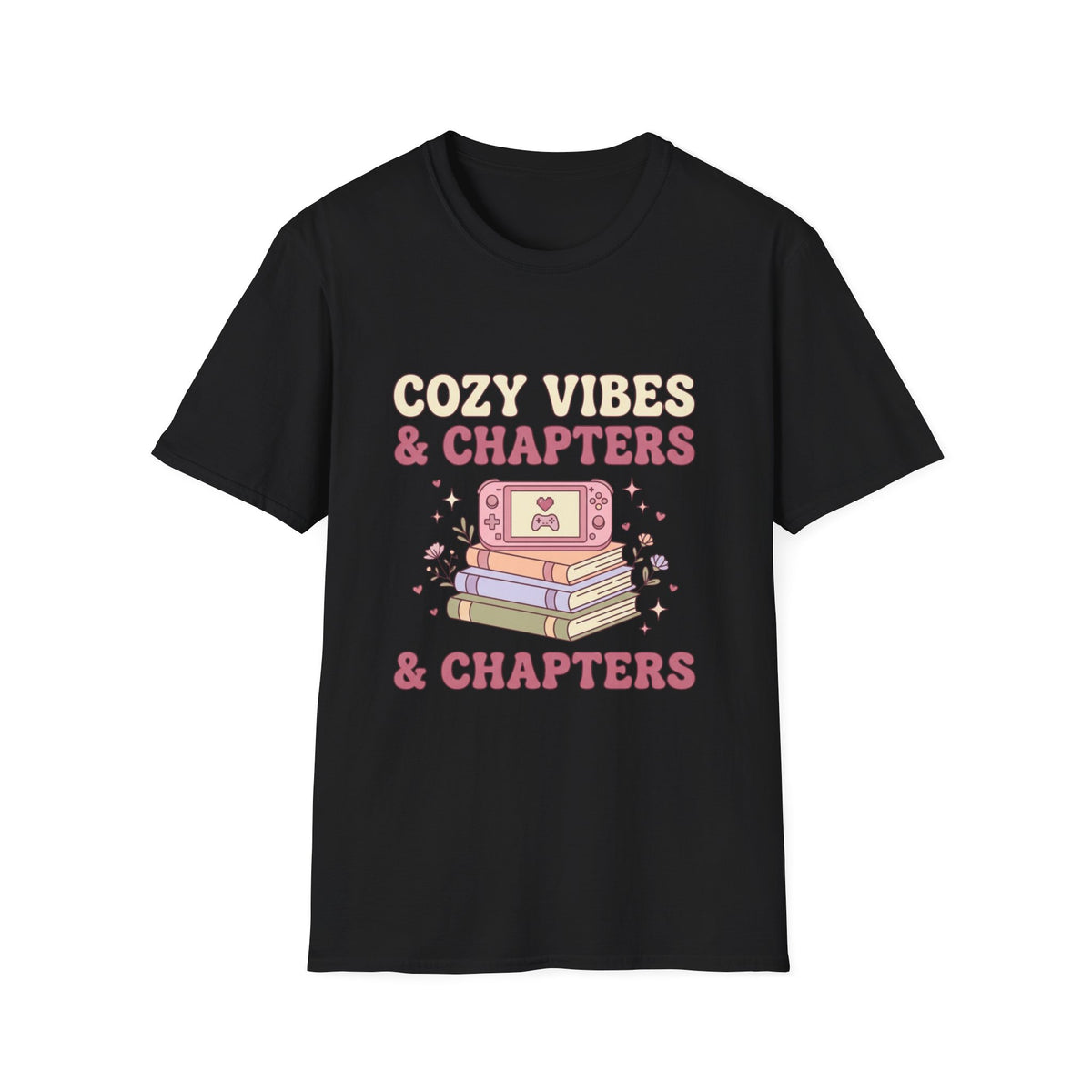 Cozy Vibes & Chapters T-Shirt — Cute Gamer + Booklover Graphic Tee