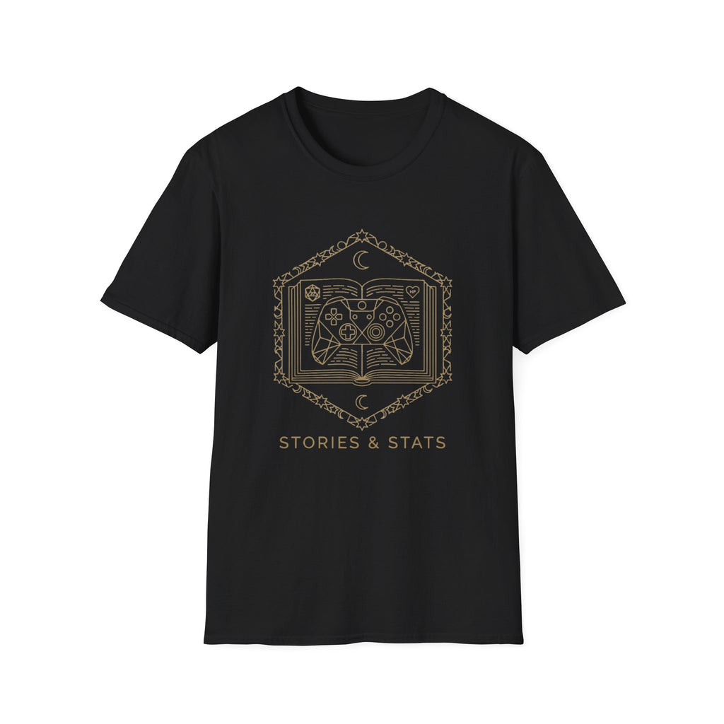 Gaming T-Shirt — 'Stories & Stats' Controller Spellbook Graphic
