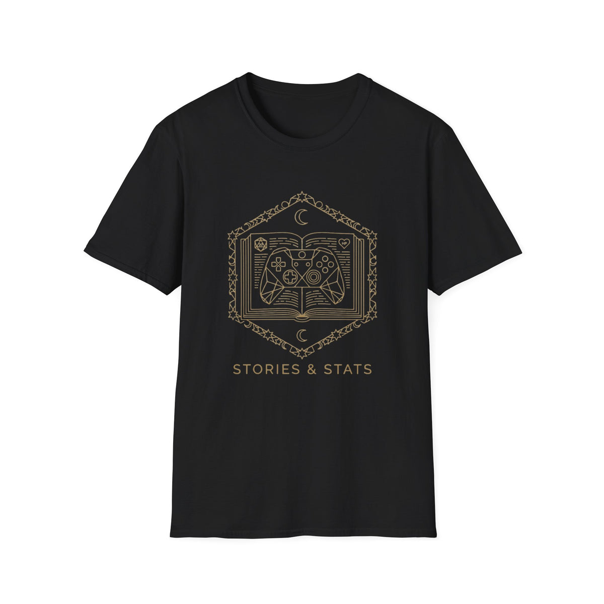Gaming T-Shirt — 'Stories & Stats' Controller Spellbook Graphic