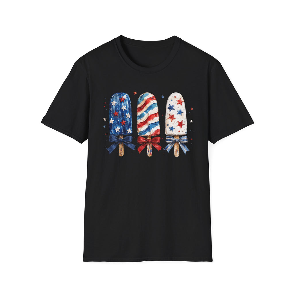 Patriotic Popsicle T-Shirt, Watercolor 4th of July Ice Cream Bow Tee, Cute Summer America Popsicle Shirt, Stars Stripes Coquette Bow Treat Gift Women