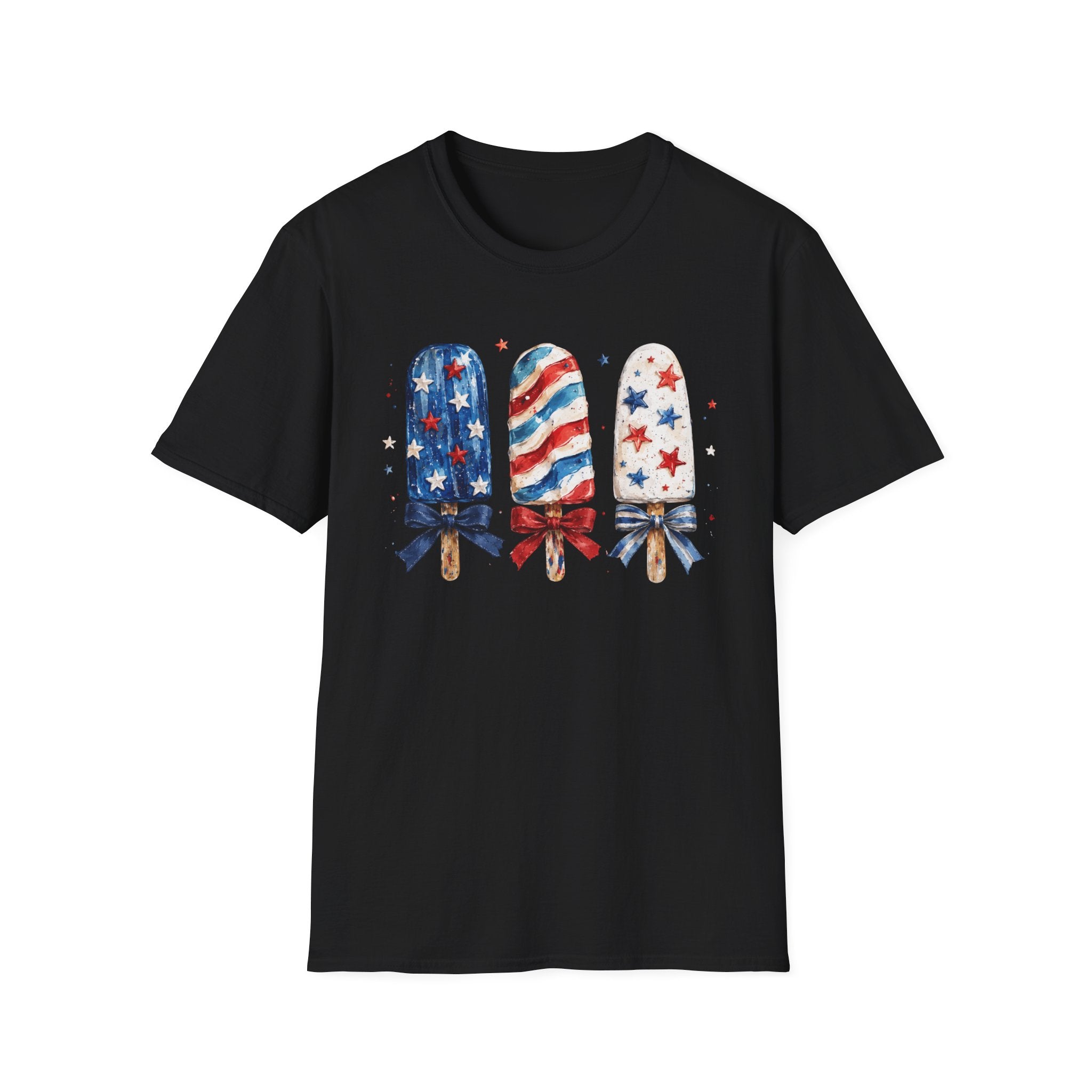 Patriotic Popsicle T-Shirt, Watercolor 4th of July Ice Cream Bow Tee, Cute Summer America Popsicle Shirt, Stars Stripes Coquette Bow Treat Gift Women