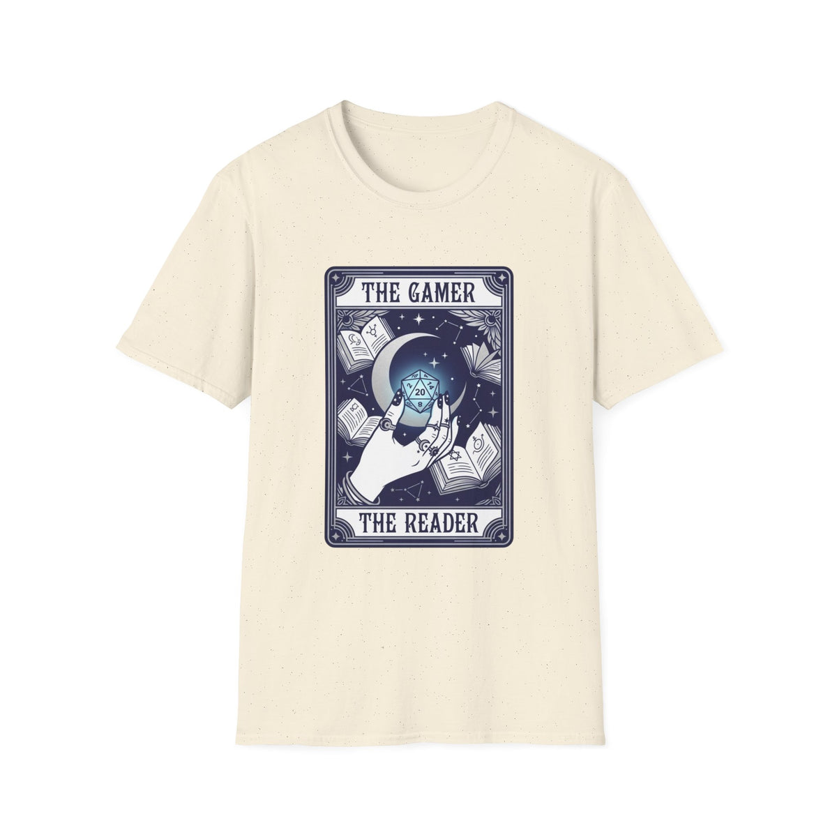 The Gamer The Reader T‑Shirt — Fantasy Dice & Book Illustration Tee