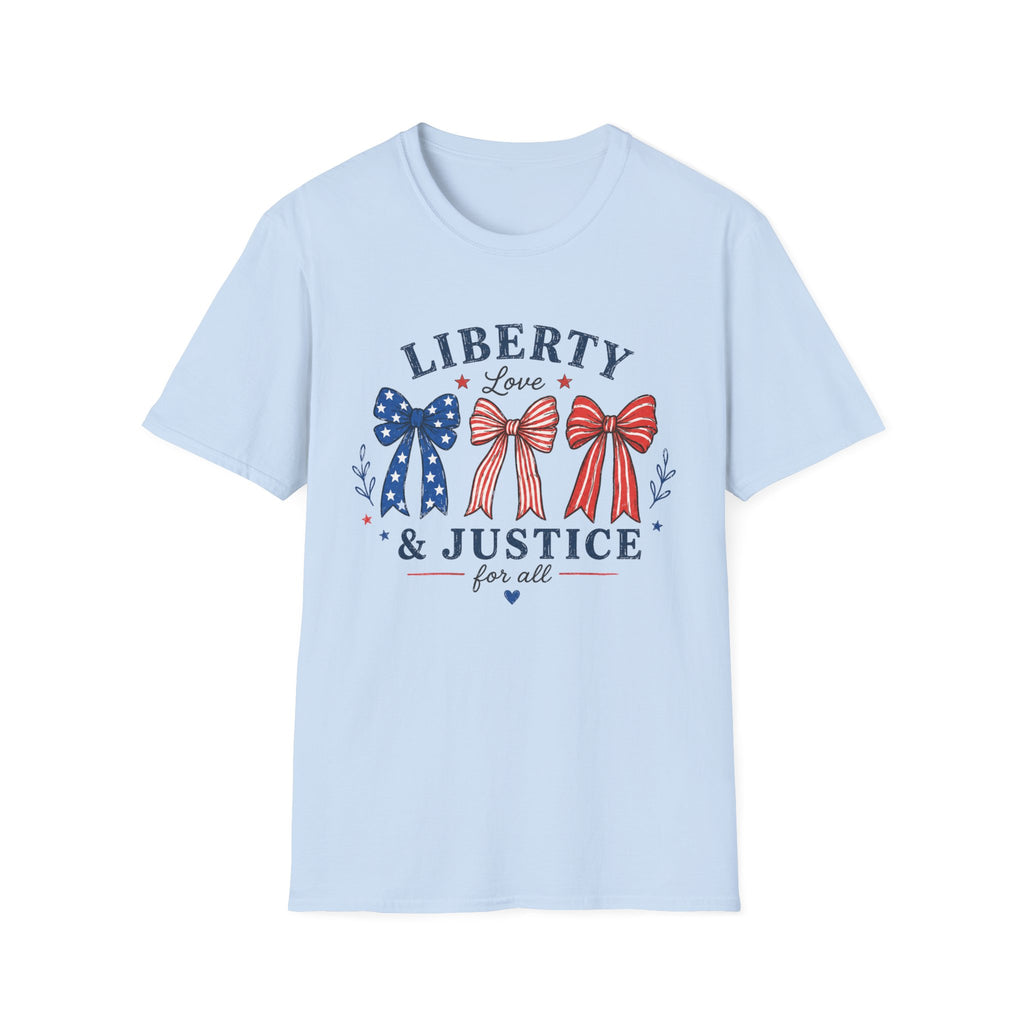 Liberty Love Justice Tee, Patriotic Bows USA Shirt, Red White Blue Graphic Top, American Pride Fourth of July Outfit T-Shirt
