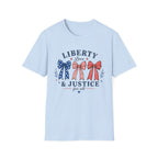 Liberty Love Justice Tee, Patriotic Bows USA Shirt, Red White Blue Graphic Top, American Pride Fourth of July Outfit T-Shirt