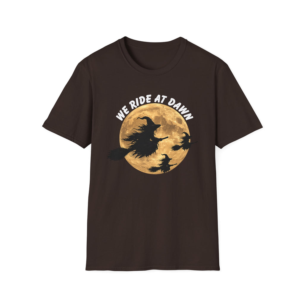 We Ride at Dawn Witch Tee — Halloween Moon Witch T-Shirt