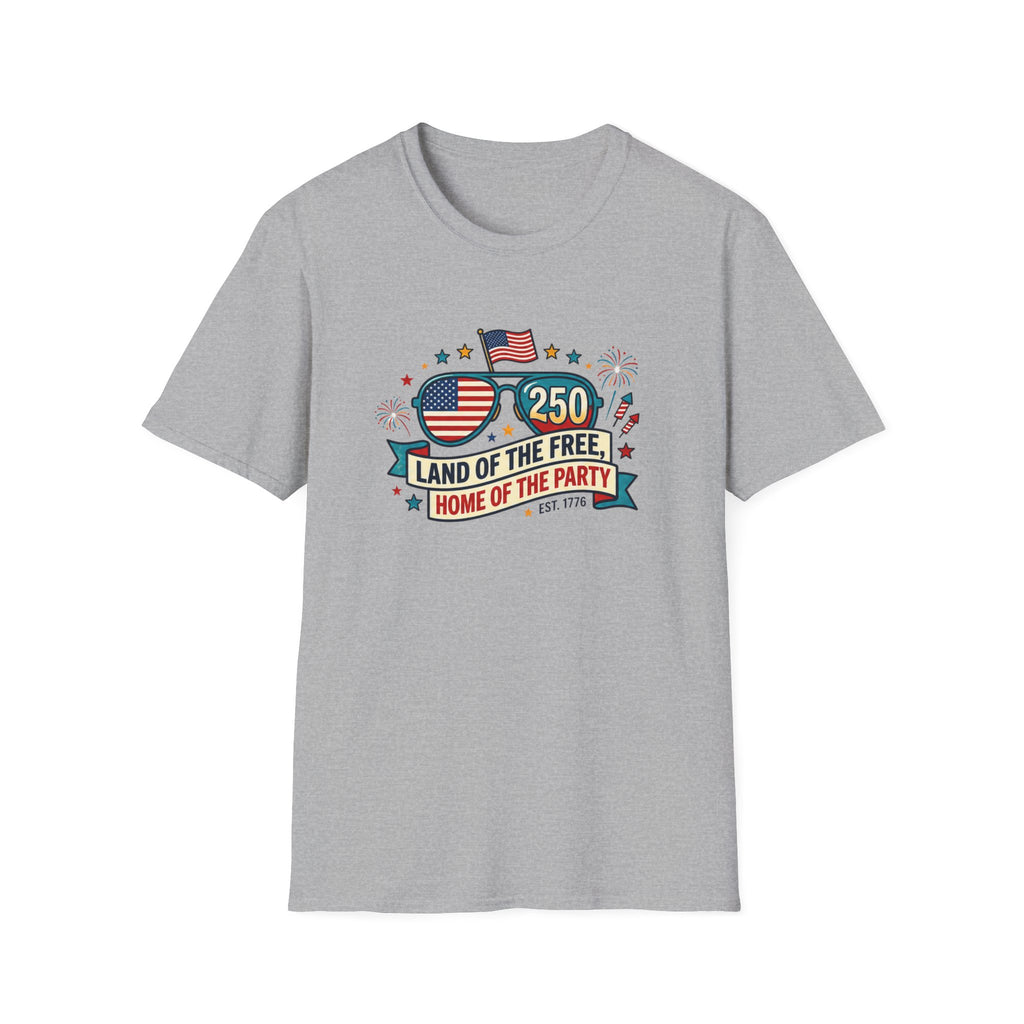 Land of the Free Home of the Party Tee, USA 250 Sunglasses Shirt, Red White Blue Celebration Graphic Top, Patriotic Fourth of July Outfit T-Shirt
