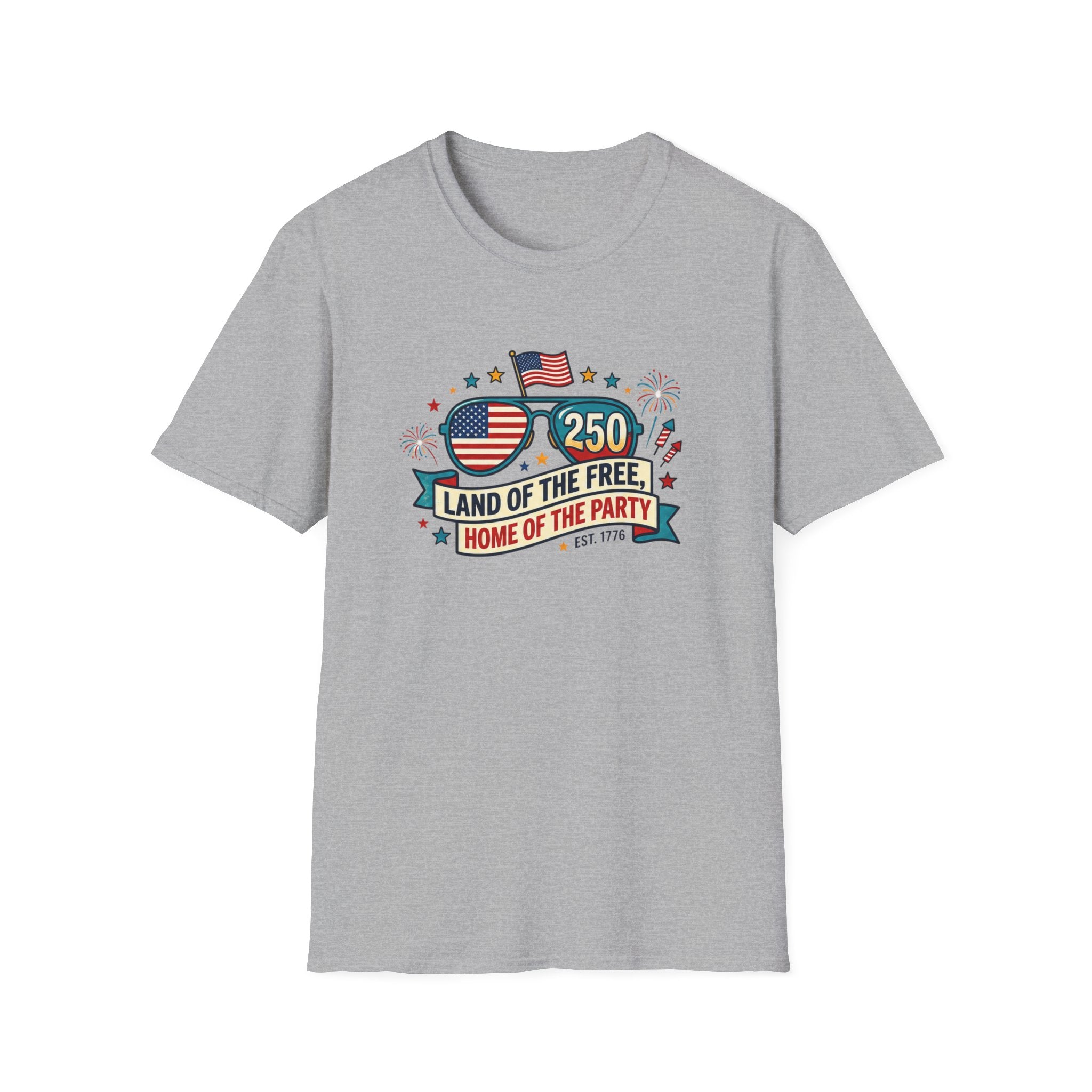 Land of the Free Home of the Party Tee, USA 250 Sunglasses Shirt, Red White Blue Celebration Graphic Top, Patriotic Fourth of July Outfit T-Shirt