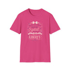 Where The Spirit Of The Lord Is Liberty T-Shirt | Christian Bible Verse Graphic Tee, Pink Coquette Ribbon Bow Top