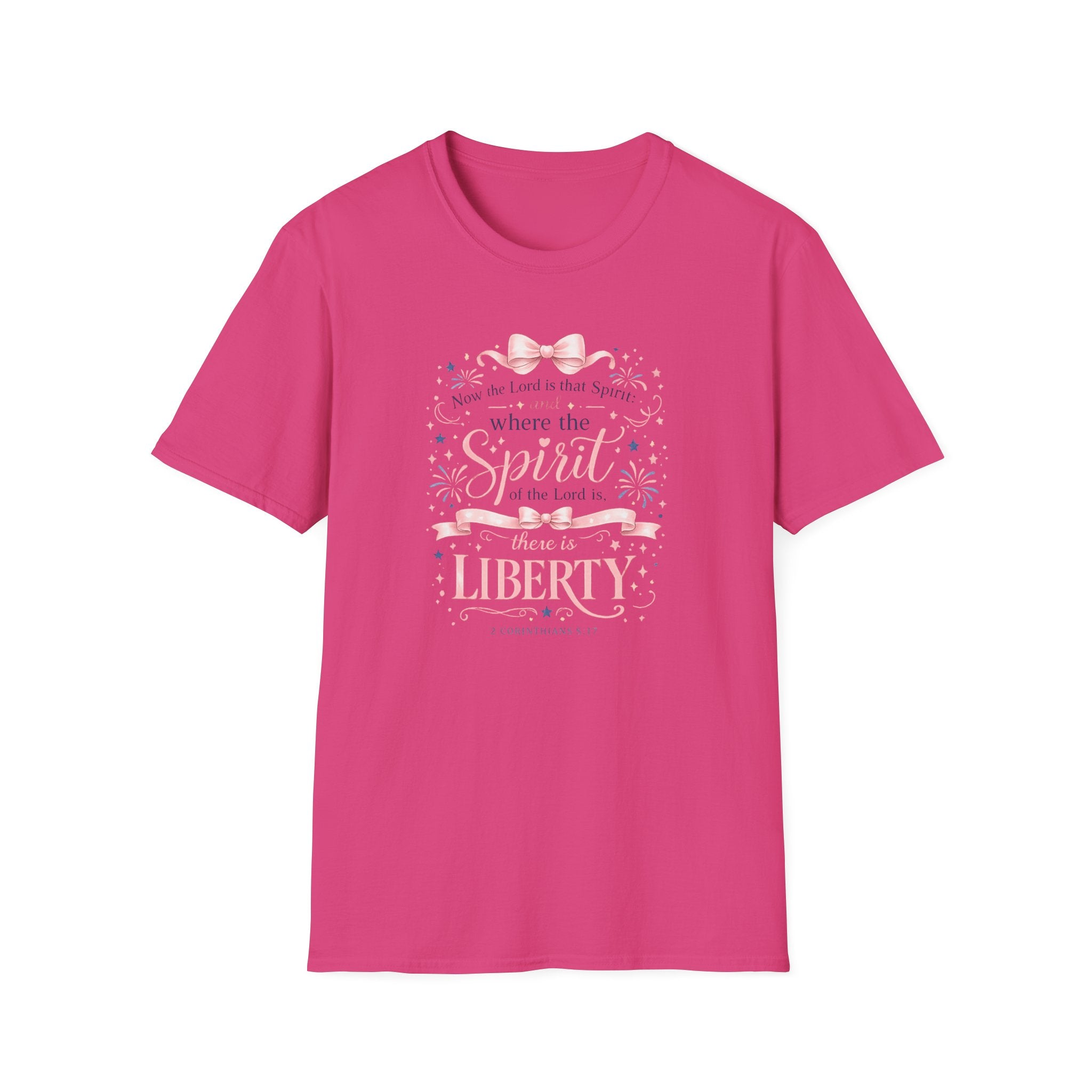 Where The Spirit Of The Lord Is Liberty T-Shirt | Christian Bible Verse Graphic Tee, Pink Coquette Ribbon Bow Top