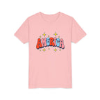 America Bubble Letters Tee, Patriotic Red Blue Graphic Shirt, Cute USA Star Design Top, Fourth of July Celebration Outfit Youth Short Sleeve Tee