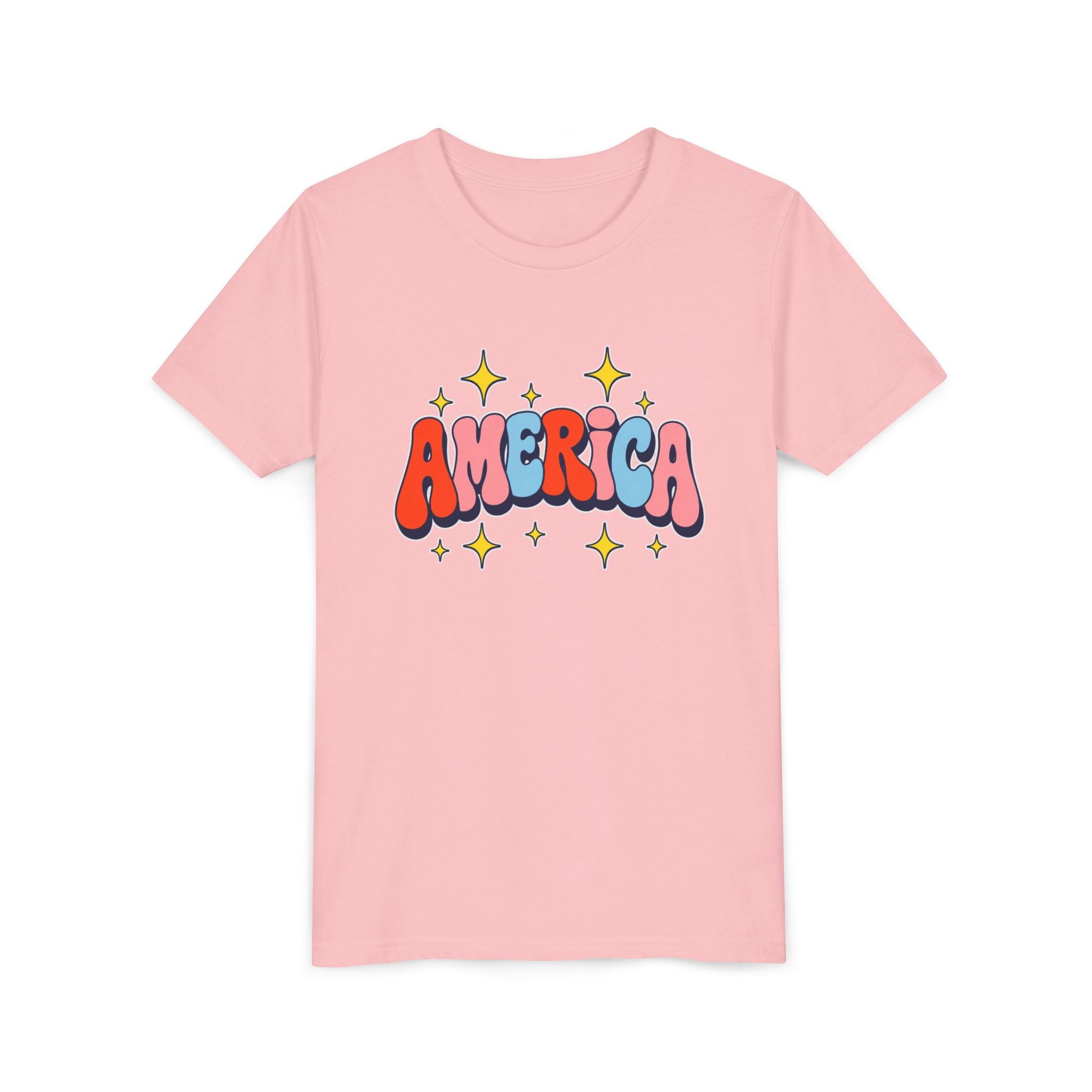 America Bubble Letters Tee, Patriotic Red Blue Graphic Shirt, Cute USA Star Design Top, Fourth of July Celebration Outfit Youth Short Sleeve Tee