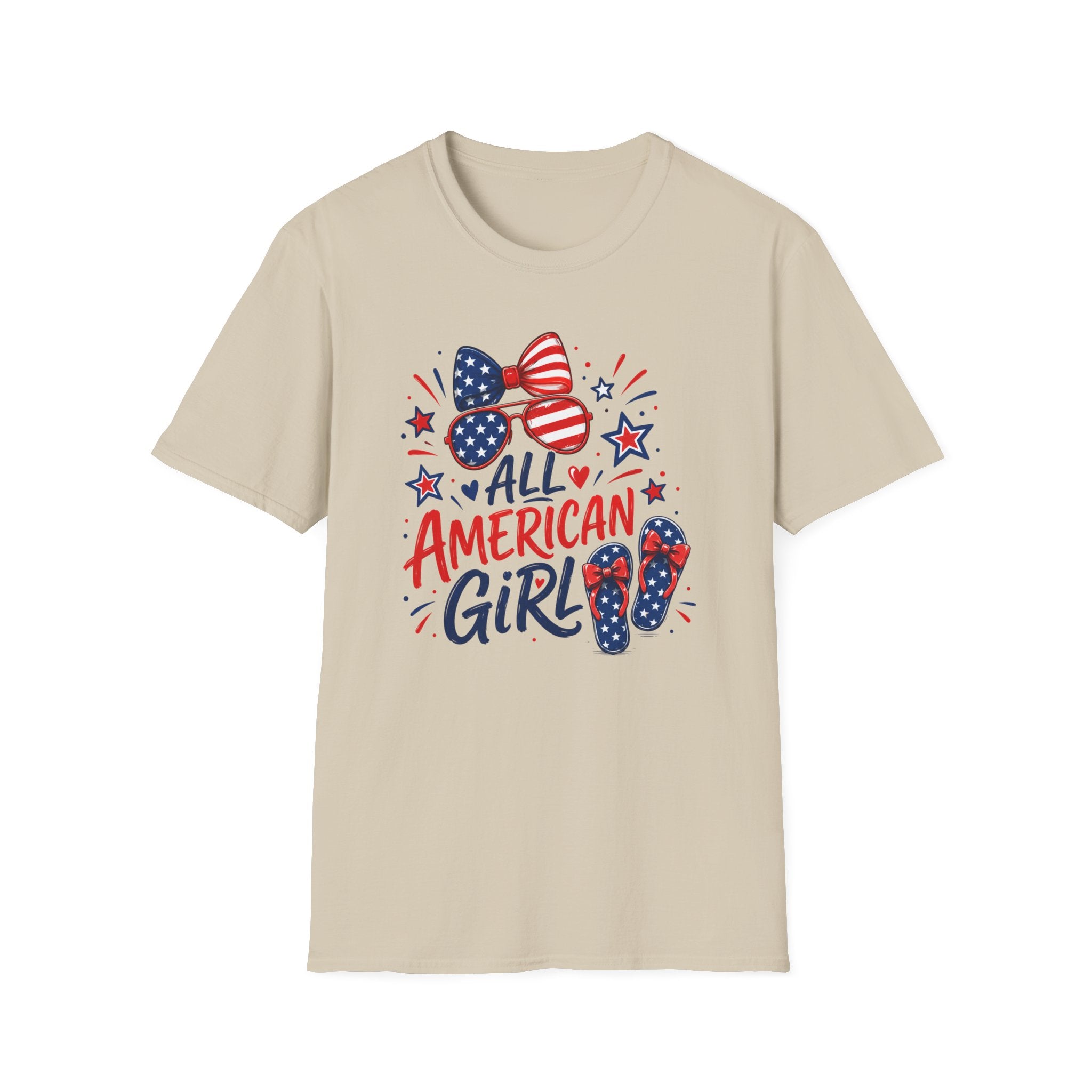 All American Girl Tee, Patriotic Bow Flip Flops Shirt, Red White Blue Graphic Top, Cute USA Fourth of July Outfit T-Shirt