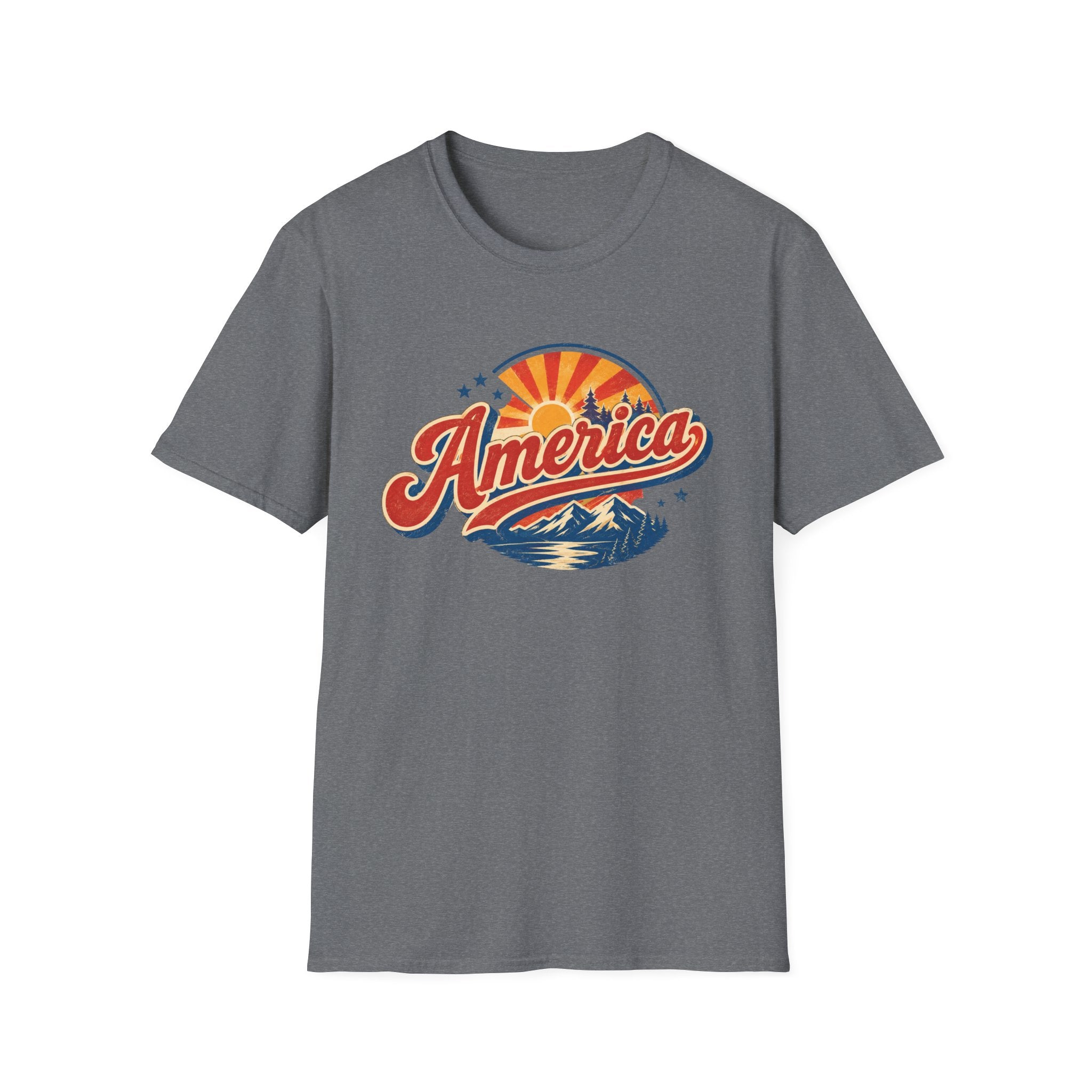 Retro America Shirt 4th of July Vintage Mountain Graphic Tee Sunset Landscape Fourth July Patriotic Stars Nature Lover