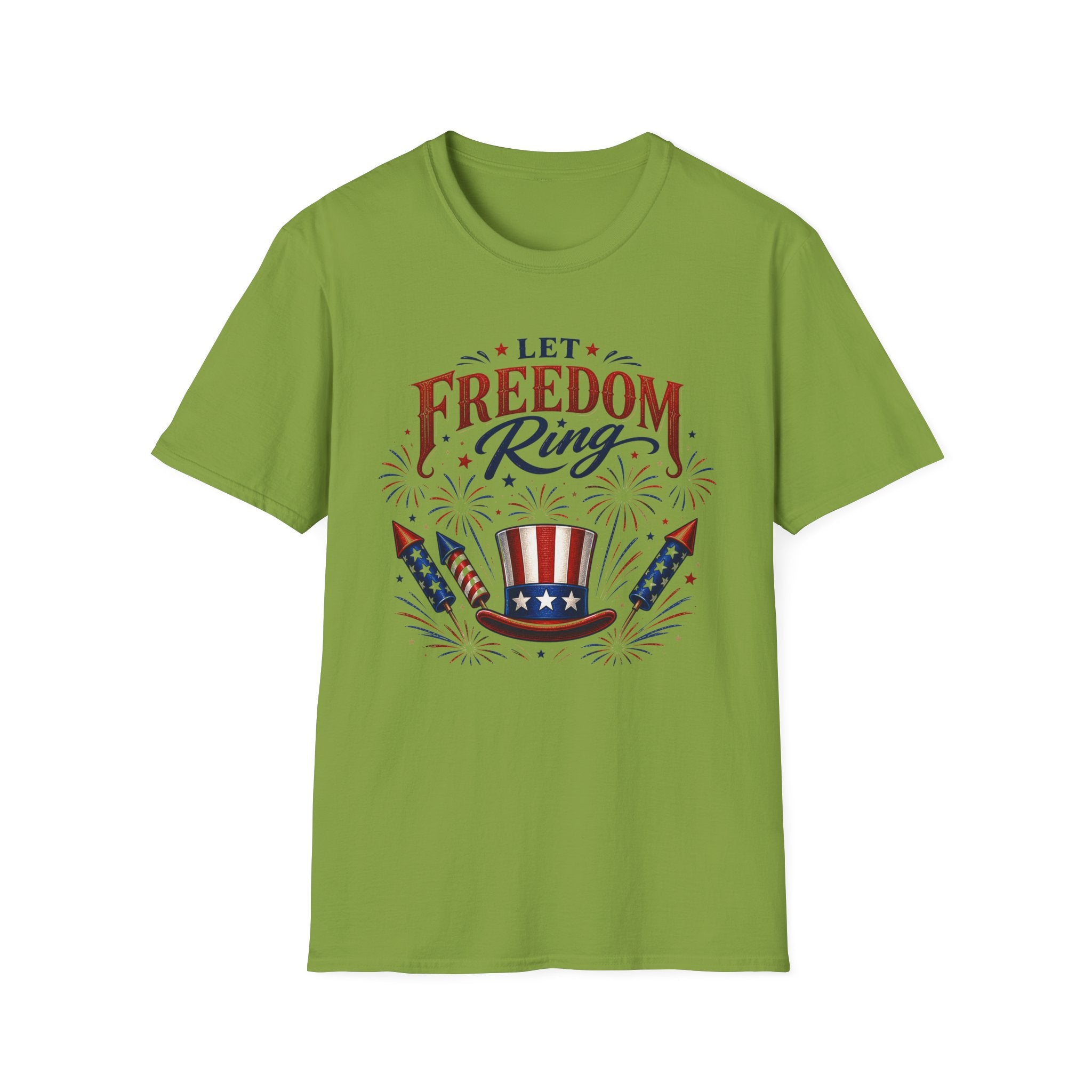 Let Freedom Ring T-Shirt | Patriotic Uncle Sam Hat Graphic Tee, Fourth Of July Charcoal Fireworks Top