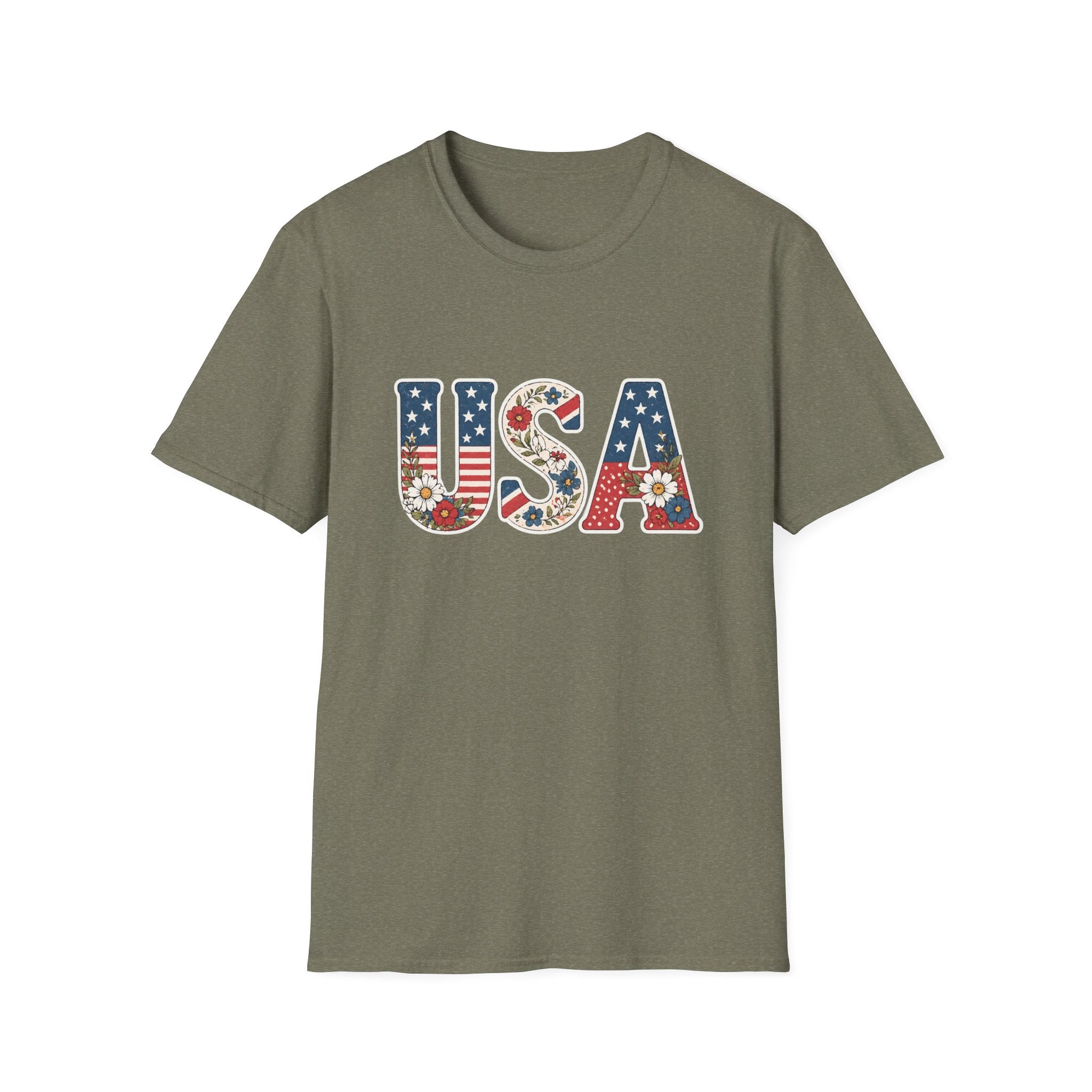 Floral USA T-Shirt, Cottagecore Patriotic Flower Letter Tee, 4th of July Wildflower America Shirt, Stars Stripes Daisy Poppy Gift, Vintage Botanical